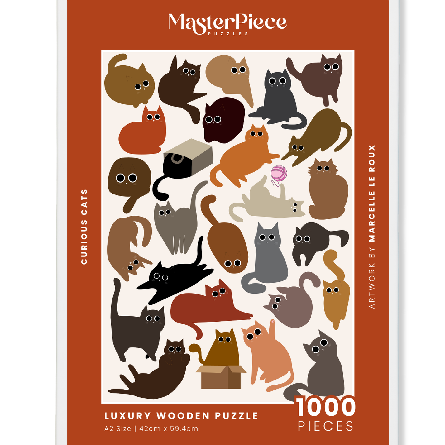Curious Cats is a MasterPiece wooden jigsaw puzzle featuring a delightful collection of curious cats in various poses and playful scenes. This charming puzzle is a must-have for cat lovers! Precision-cut from 3mm thick wood and expertly printed, our MasterPiece puzzles offer a tactile and satisfying puzzling experience like no other. like no other. This puzzle is perfect for 'crazy cat ladies', art lovers and anyone looking for a thoughtful gift.