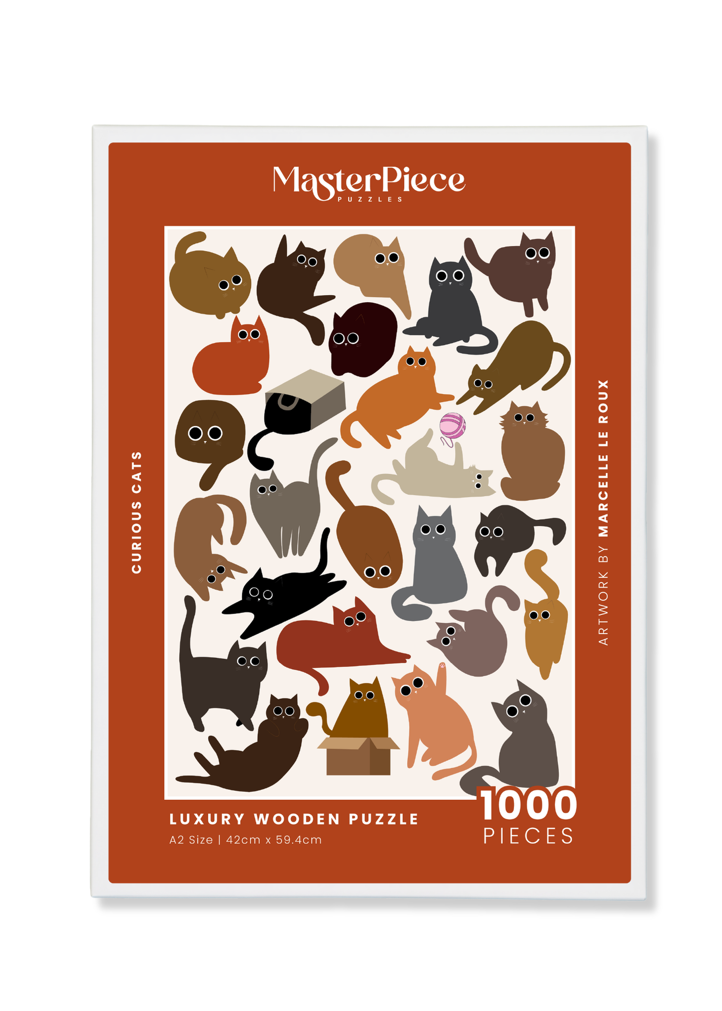 Curious Cats is a MasterPiece wooden jigsaw puzzle featuring a delightful collection of curious cats in various poses and playful scenes. This charming puzzle is a must-have for cat lovers! Precision-cut from 3mm thick wood and expertly printed, our MasterPiece puzzles offer a tactile and satisfying puzzling experience like no other. like no other. This puzzle is perfect for 'crazy cat ladies', art lovers and anyone looking for a thoughtful gift.