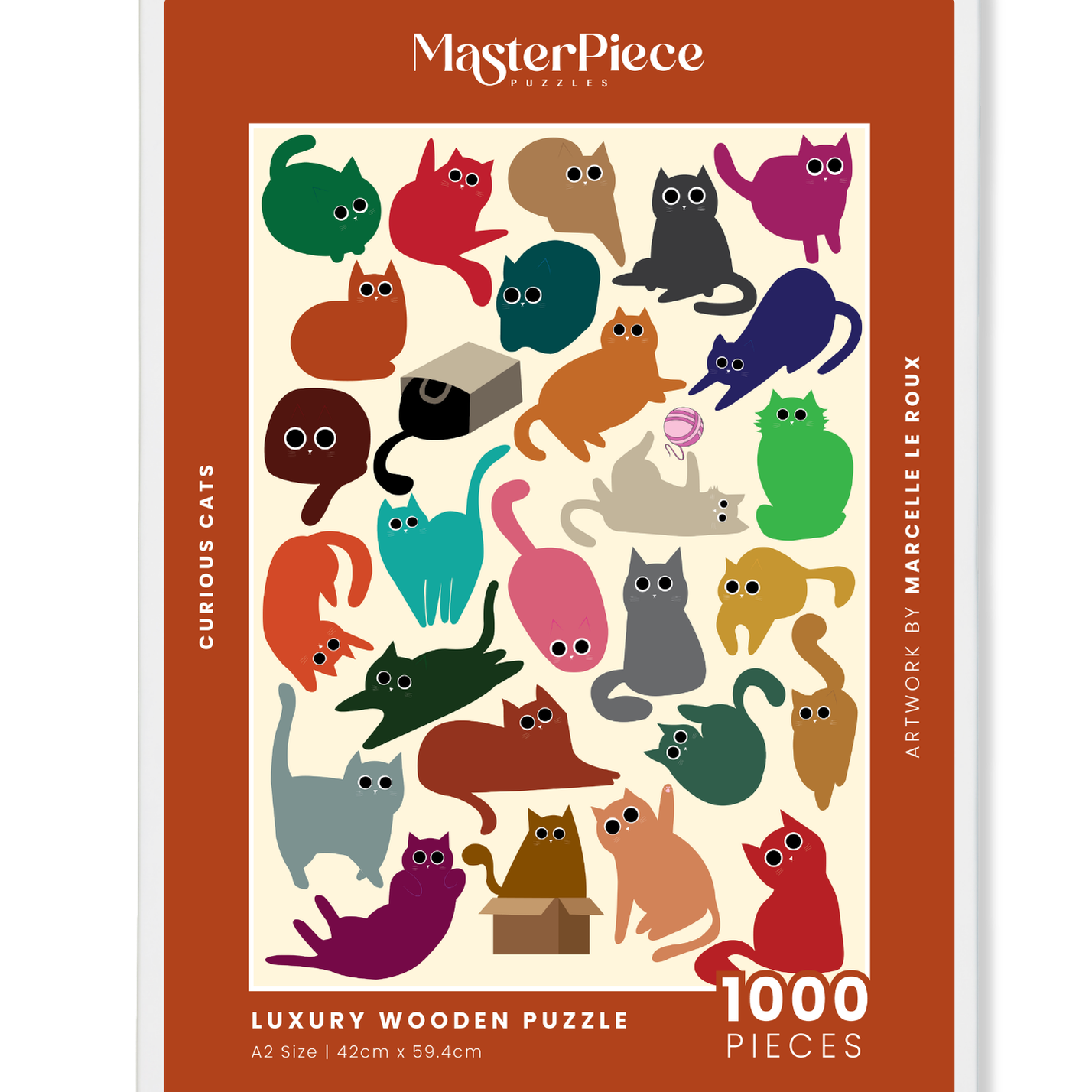 Curious Cats is a MasterPiece wooden jigsaw puzzle featuring a delightful collection of curious cats in various poses and playful scenes. This charming puzzle is a must-have for cat lovers! Precision-cut from 3mm thick wood and expertly printed, our MasterPiece puzzles offer a tactile and satisfying puzzling experience like no other. like no other. This puzzle is perfect for 'crazy cat ladies', art lovers and anyone looking for a thoughtful gift.