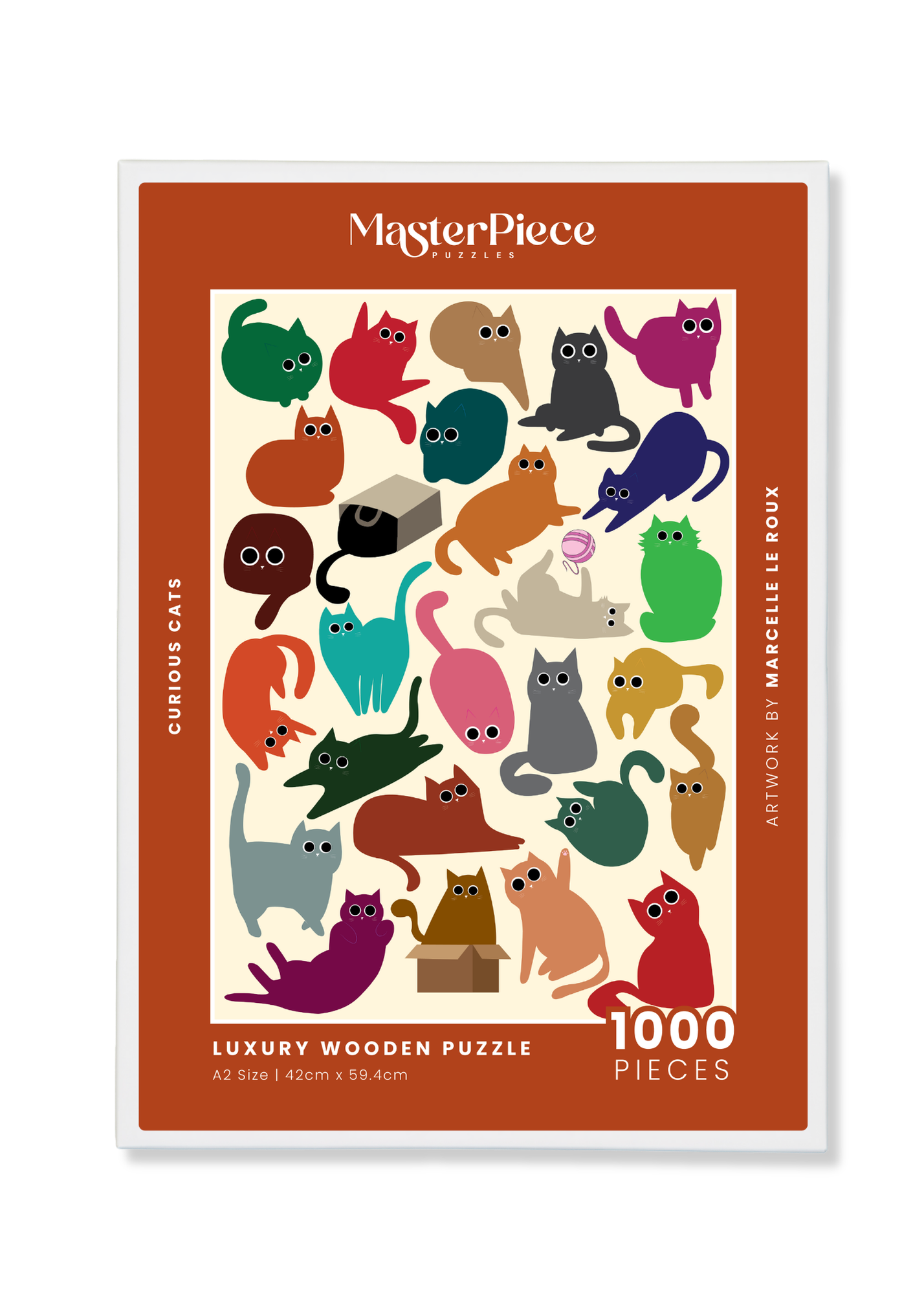 Curious Cats is a MasterPiece wooden jigsaw puzzle featuring a delightful collection of curious cats in various poses and playful scenes. This charming puzzle is a must-have for cat lovers! Precision-cut from 3mm thick wood and expertly printed, our MasterPiece puzzles offer a tactile and satisfying puzzling experience like no other. like no other. This puzzle is perfect for 'crazy cat ladies', art lovers and anyone looking for a thoughtful gift.