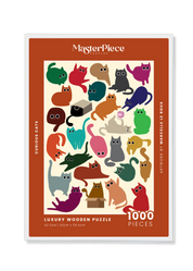 Curious Cats is a MasterPiece wooden jigsaw puzzle featuring a delightful collection of curious cats in various poses and playful scenes. This charming puzzle is a must-have for cat lovers! Precision-cut from 3mm thick wood and expertly printed, our MasterPiece puzzles offer a tactile and satisfying puzzling experience like no other. like no other. This puzzle is perfect for 'crazy cat ladies', art lovers and anyone looking for a thoughtful gift.