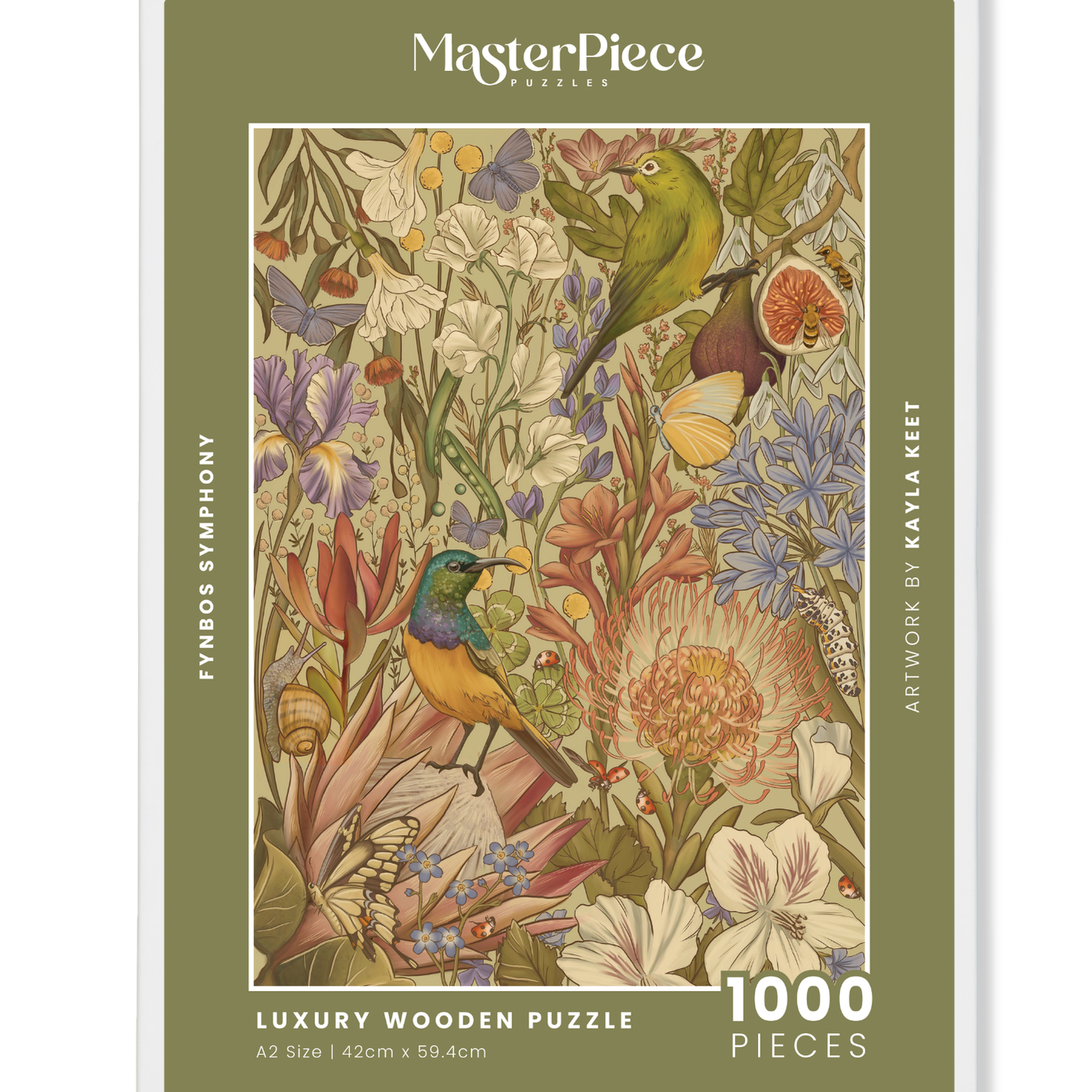 Fynbos Symphony is a MasterPiece wooden jigsaw puzzle that features a stunning nature-inspired illustration that is rich with diverse flora and fauna. Soft, earthy tones create a vintage botanical aesthetic, while vibrant birds and delicate insects bring the scene to life. Precision-cut from 3mm thick wood and expertly printed, our MasterPiece puzzles offer a tactile and satisfying puzzling experience like no other. They are perfect for art lovers, bird lovers and anyone looking for a thoughtful gift.