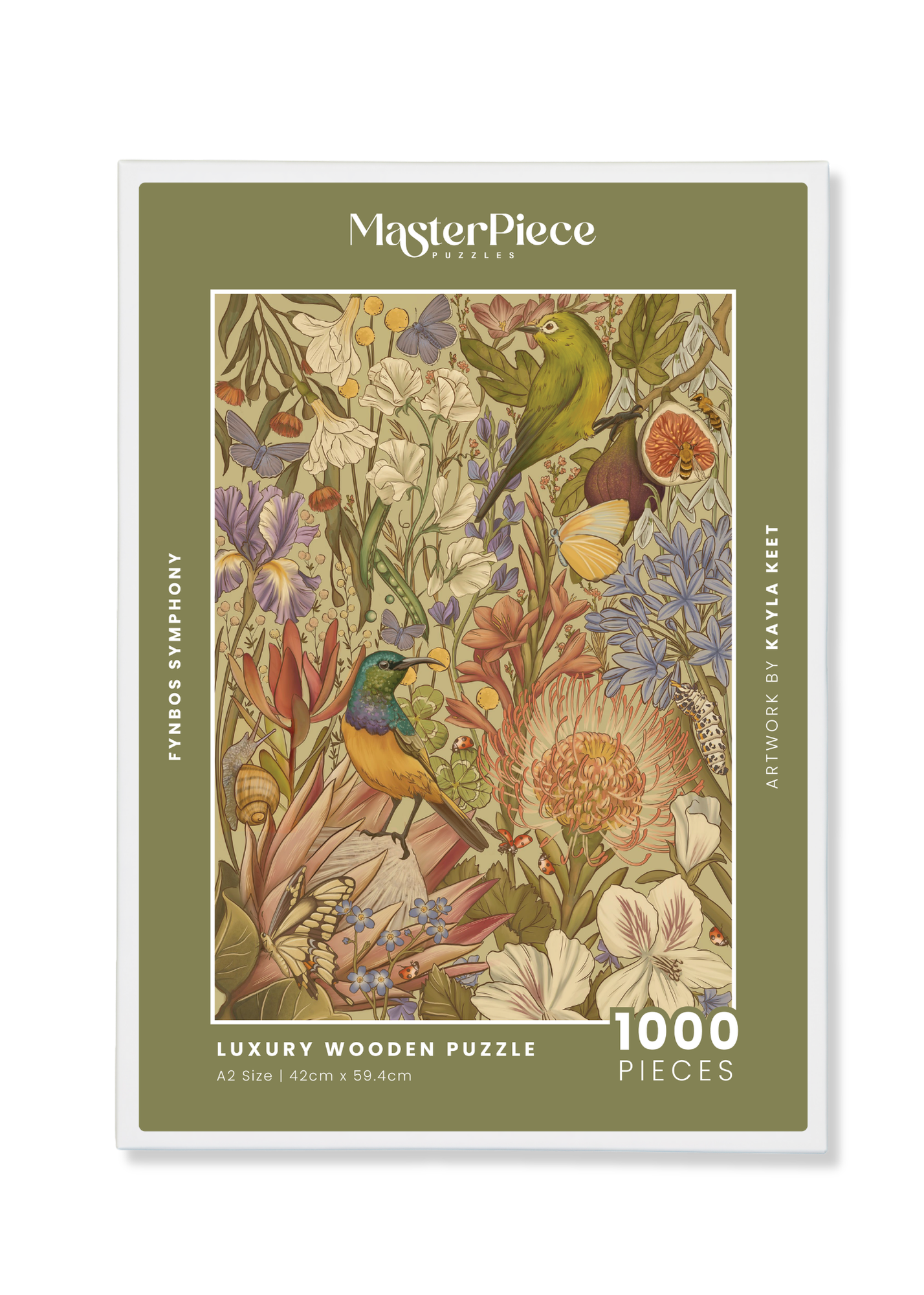Fynbos Symphony is a MasterPiece wooden jigsaw puzzle that features a stunning nature-inspired illustration that is rich with diverse flora and fauna. Soft, earthy tones create a vintage botanical aesthetic, while vibrant birds and delicate insects bring the scene to life. Precision-cut from 3mm thick wood and expertly printed, our MasterPiece puzzles offer a tactile and satisfying puzzling experience like no other. They are perfect for art lovers, bird lovers and anyone looking for a thoughtful gift.