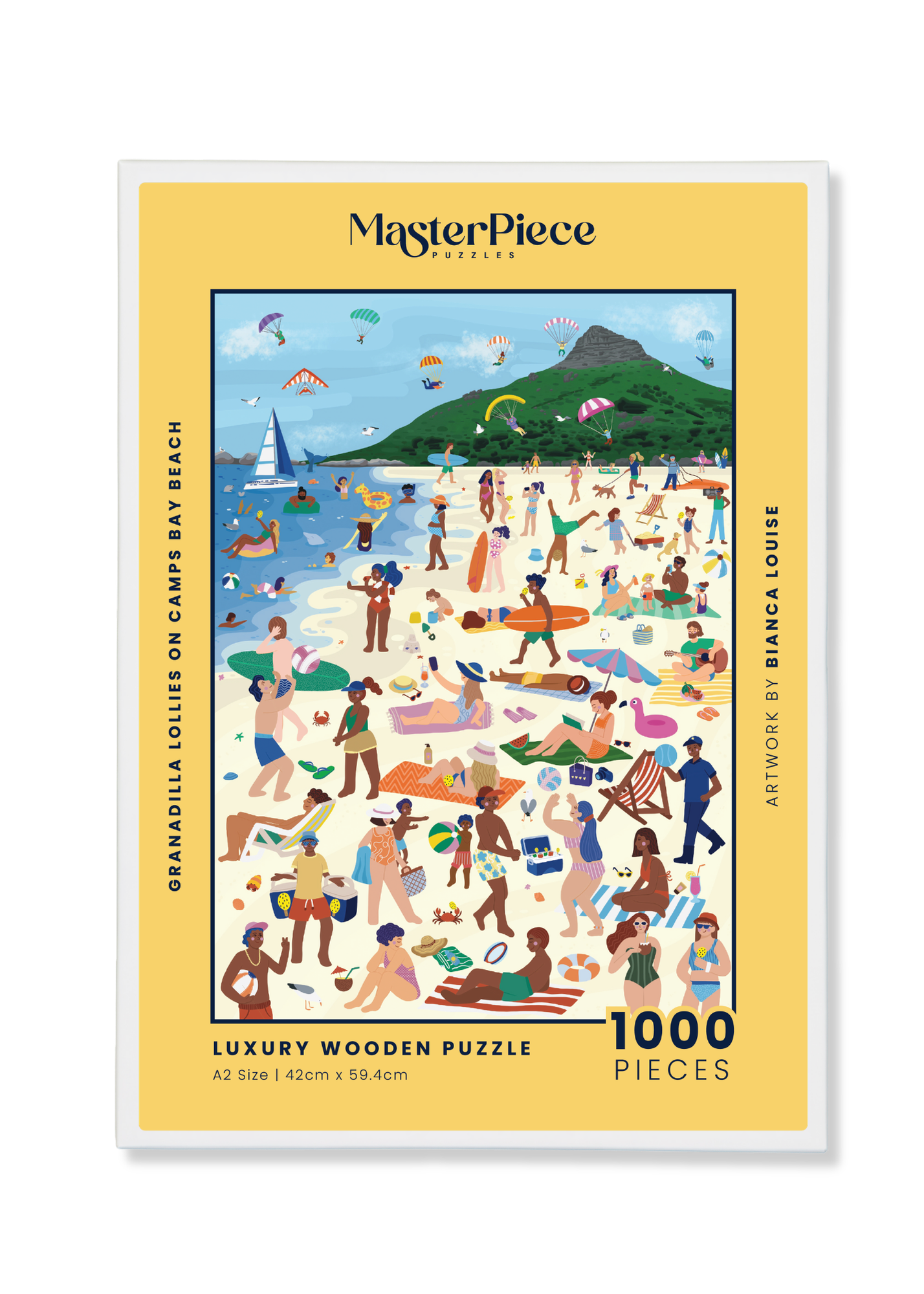 MasterPiece puzzle box with a beach scene illustration on a yellow background. Wooden jigsaw puzzle showing people and granadilla lollies on Camps Bay Beach in Cape Town