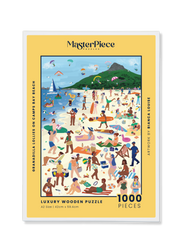 MasterPiece puzzle box with a beach scene illustration on a yellow background. Wooden jigsaw puzzle showing people and granadilla lollies on Camps Bay Beach in Cape Town