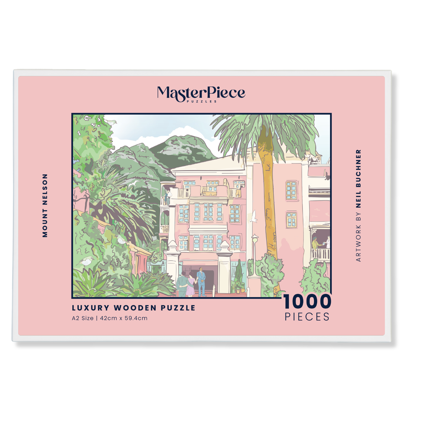Mount Nelson is a MasterPiece wooden jigsaw puzzle featuring an illustration of the legendary "Pink Lady" hotel.
Precision-cut from 3mm thick wood and expertly printed, our MasterPiece puzzles offer a tactile and satisfying puzzling experience like no other. This puzzle is perfect for art enthusiasts, Cape Town lovers and anyone looking for a thoughtful gift.