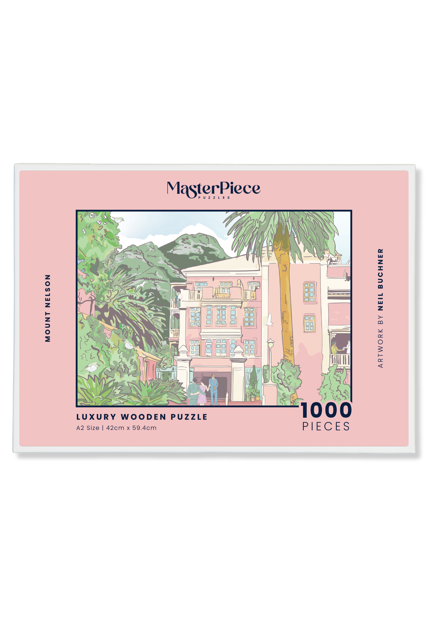 Mount Nelson is a MasterPiece wooden jigsaw puzzle featuring an illustration of the legendary "Pink Lady" hotel.
Precision-cut from 3mm thick wood and expertly printed, our MasterPiece puzzles offer a tactile and satisfying puzzling experience like no other. This puzzle is perfect for art enthusiasts, Cape Town lovers and anyone looking for a thoughtful gift.