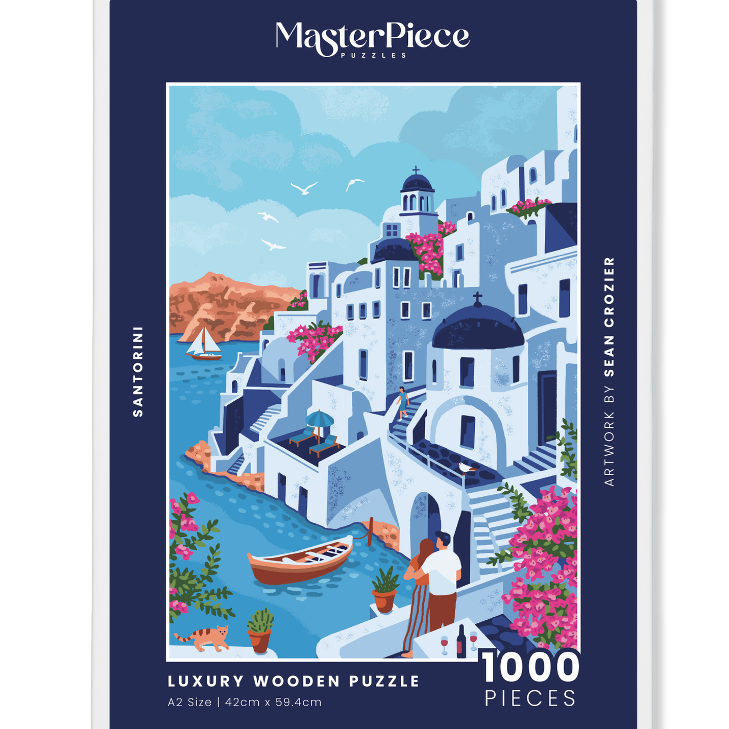 Santorini is a MasterPiece wooden jigsaw puzzle featuring a vibrant illustration celebrating the stunning Greek island of Santorini, featuring its iconic bougainvillea, whitewashed buildings and blue-domed roofs. 

