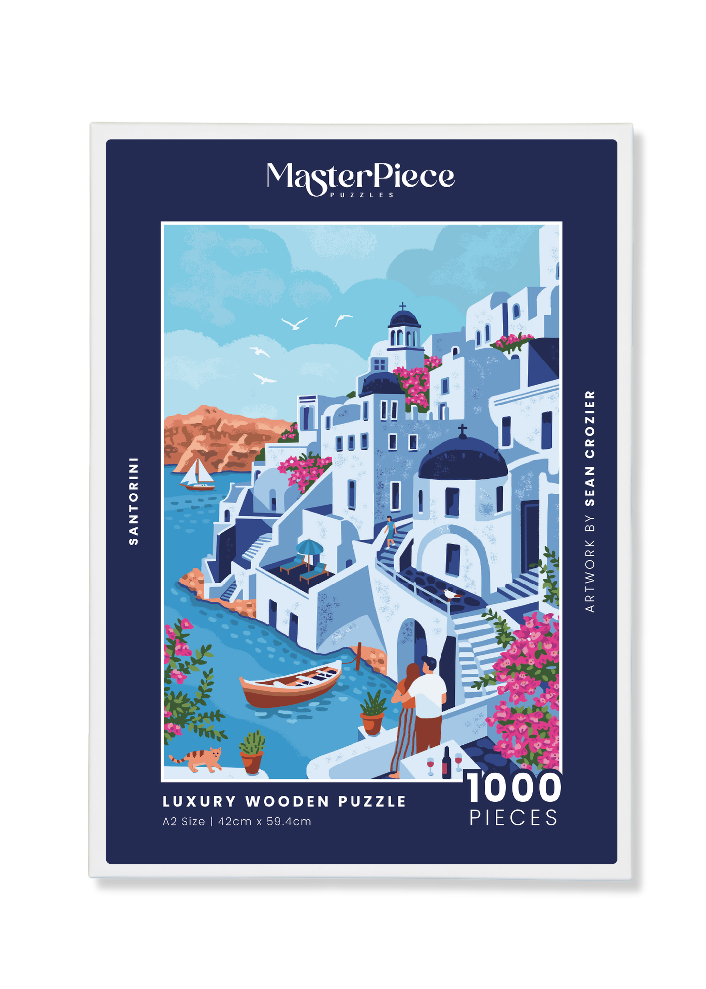 Santorini is a MasterPiece wooden jigsaw puzzle featuring a vibrant illustration celebrating the stunning Greek island of Santorini, featuring its iconic bougainvillea, whitewashed buildings and blue-domed roofs. 
