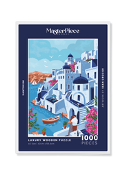 Santorini is a MasterPiece wooden jigsaw puzzle featuring a vibrant illustration celebrating the stunning Greek island of Santorini, featuring its iconic bougainvillea, whitewashed buildings and blue-domed roofs. 
