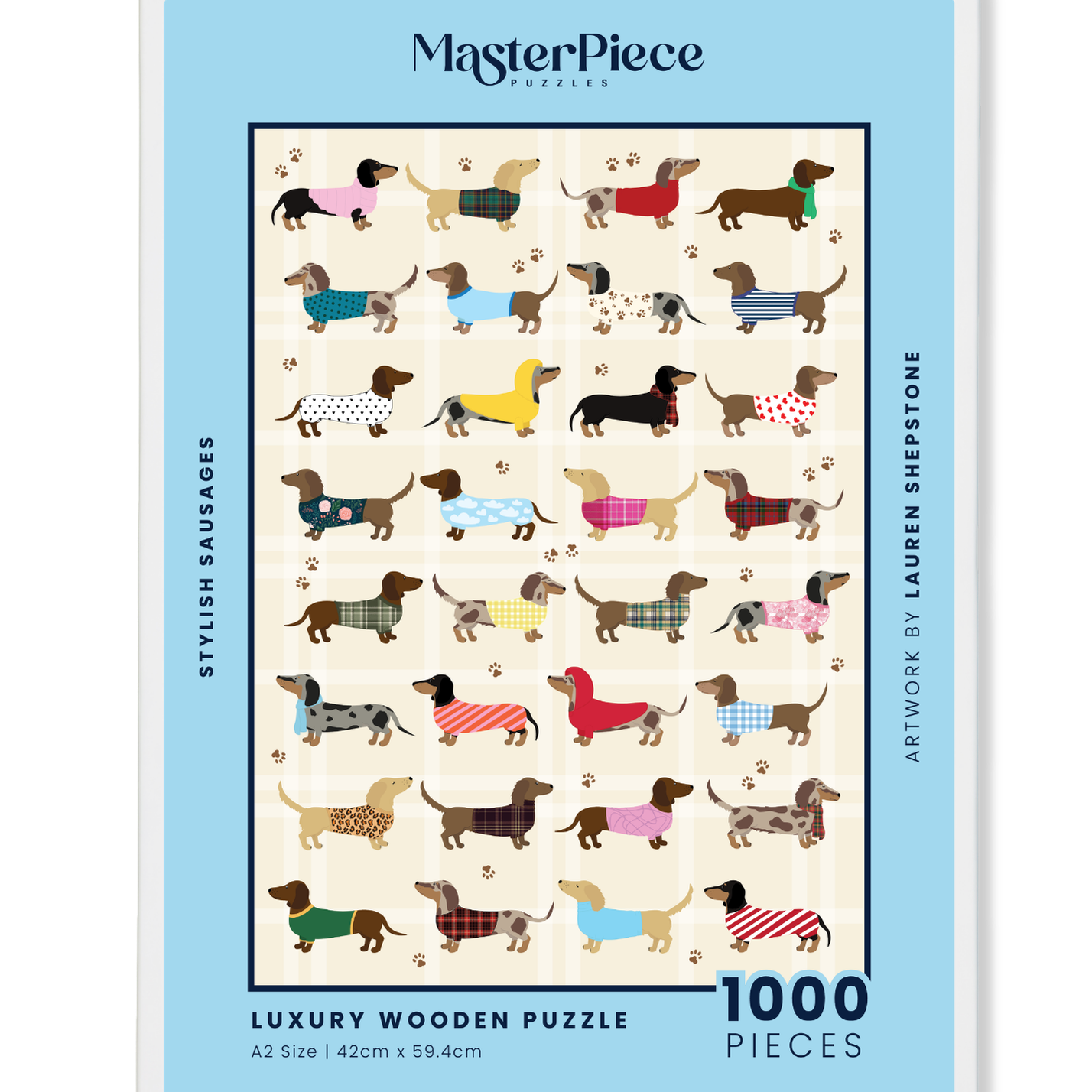 Stylish Sausages is a MasterPiece wooden jigsaw puzzle featuring an adorable line-up of sausage dogs strutting their stuff in various colourful jerseys and scarves, a must-have for dachshund lovers!

Precision-cut from 3mm thick wood and expertly printed, our MasterPiece puzzles offer a tactile and satisfying puzzling experience like no other. This puzzle is perfect for dachshund lovers and anyone looking for a thoughtful gift. 