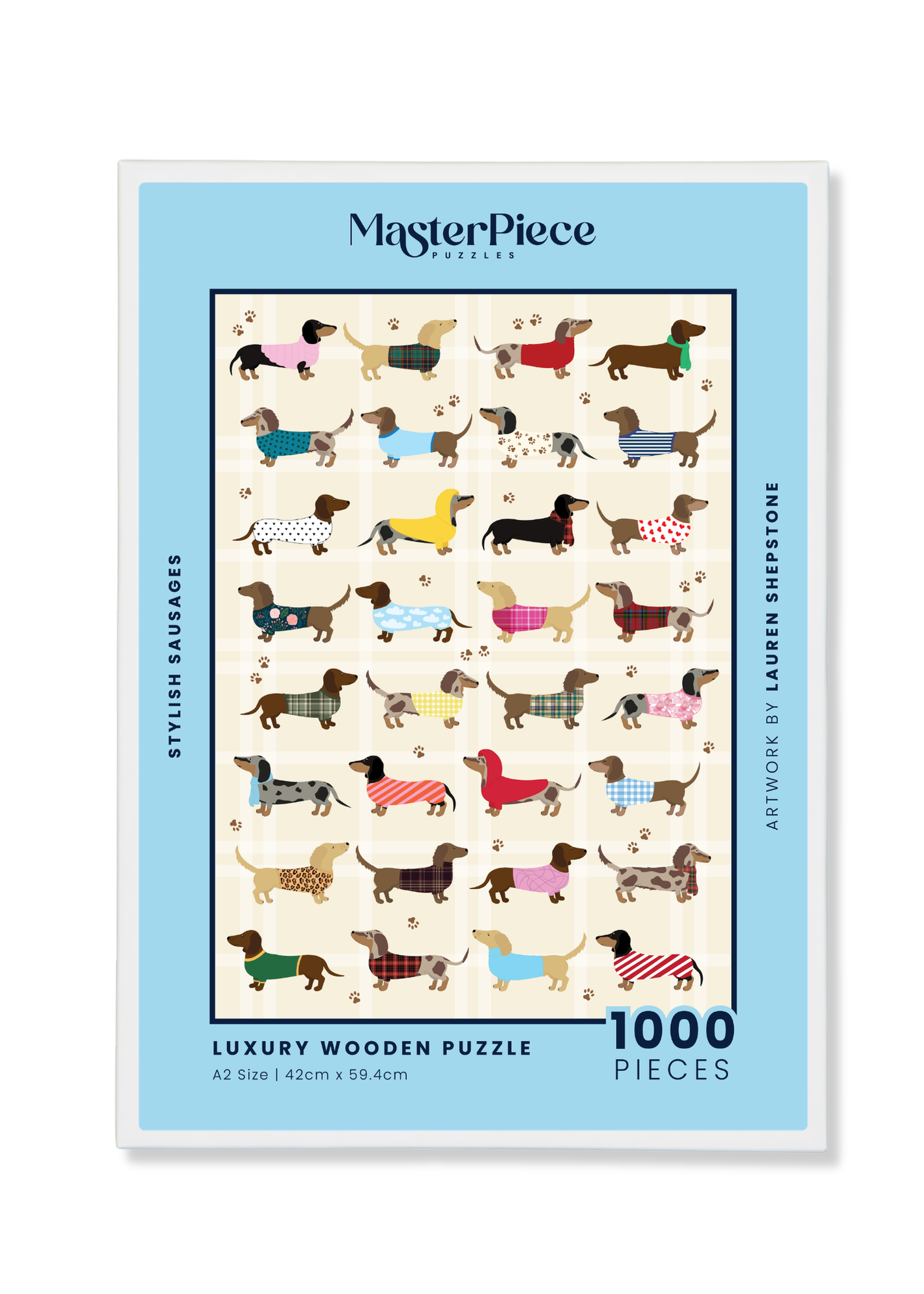 Stylish Sausages is a MasterPiece wooden jigsaw puzzle featuring an adorable line-up of sausage dogs strutting their stuff in various colourful jerseys and scarves, a must-have for dachshund lovers!

Precision-cut from 3mm thick wood and expertly printed, our MasterPiece puzzles offer a tactile and satisfying puzzling experience like no other. This puzzle is perfect for dachshund lovers and anyone looking for a thoughtful gift. 