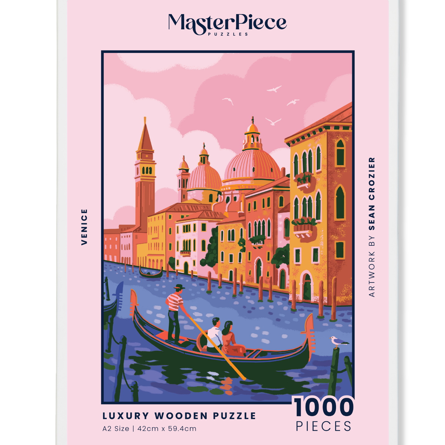 Venice is a MasterPiece wooden jigsaw puzzle featuring an illustration with an iconic gondola, pastel buildings and a dreamy pink sky. Soft hues of pink, orange and blue beautifully capture the romantic charm of Italy’s floating city.

Precision-cut from 3mm thick wood and expertly printed, our MasterPiece puzzles offer a tactile and satisfying puzzling experience like no other. This puzzle is perfect for art lovers, travellers and anyone looking for a thoughtful gift.