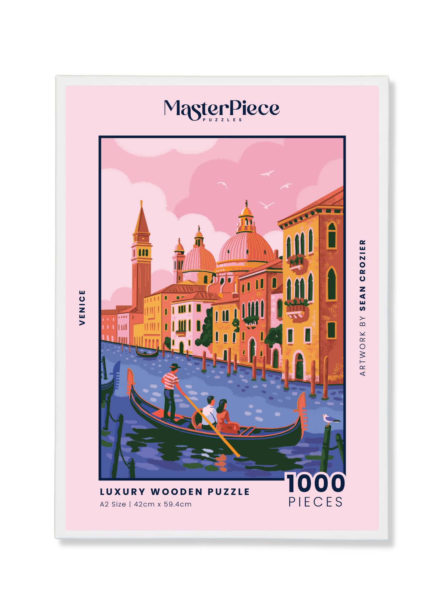 Venice is a MasterPiece wooden jigsaw puzzle featuring an illustration with an iconic gondola, pastel buildings and a dreamy pink sky. Soft hues of pink, orange and blue beautifully capture the romantic charm of Italy’s floating city.

Precision-cut from 3mm thick wood and expertly printed, our MasterPiece puzzles offer a tactile and satisfying puzzling experience like no other. This puzzle is perfect for art lovers, travellers and anyone looking for a thoughtful gift.