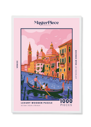 Venice is a MasterPiece wooden jigsaw puzzle featuring an illustration with an iconic gondola, pastel buildings and a dreamy pink sky. Soft hues of pink, orange and blue beautifully capture the romantic charm of Italy’s floating city.

Precision-cut from 3mm thick wood and expertly printed, our MasterPiece puzzles offer a tactile and satisfying puzzling experience like no other. This puzzle is perfect for art lovers, travellers and anyone looking for a thoughtful gift.