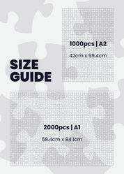 Size guide for puzzle pieces with dimensions and piece counts.