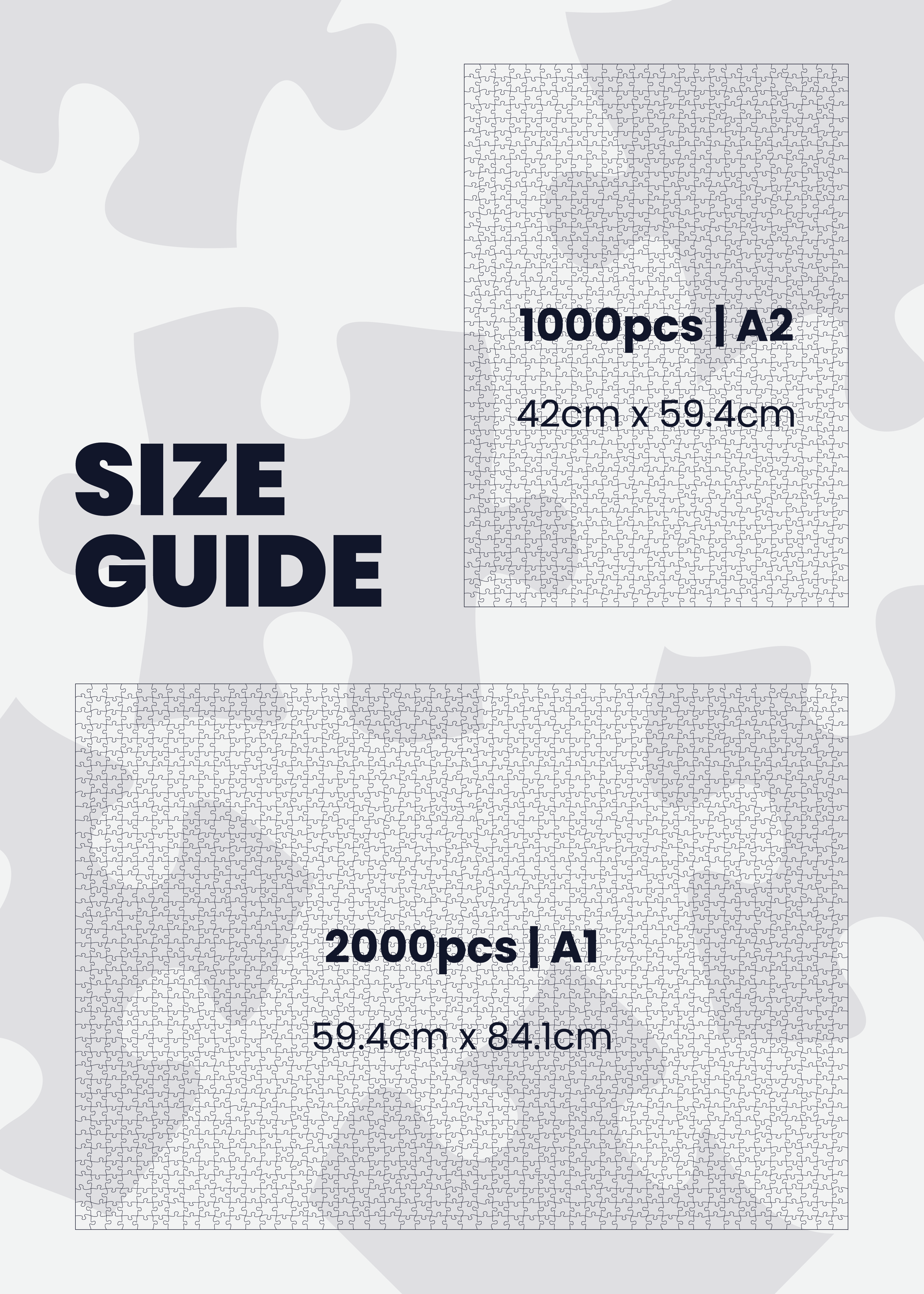 Size guide for puzzle pieces with dimensions and piece counts.