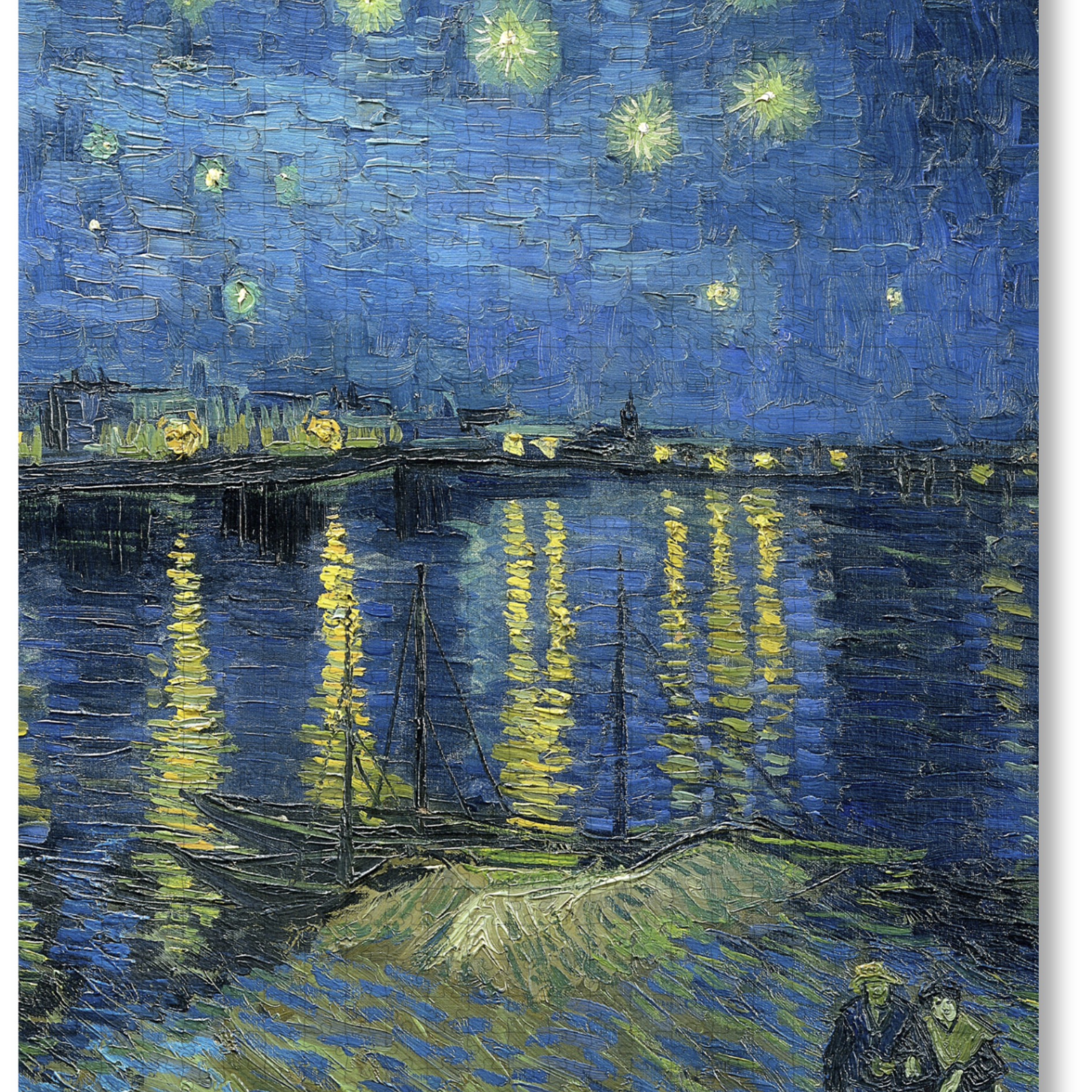 Starry Night Over the Rhône is a MasterPiece wooden jigsaw puzzle of Vincent Van Gogh's painting that depicts a serene nighttime scene of a deep blue sky filled with shimmering stars, their light reflecting off the Rhône River. Precision-cut from 3mm thick wood and expertly printed, our MasterPiece puzzles offer a tactile and satisfying puzzling experience like no other. They are perfect for classic art lovers, floral enthusiasts and anyone looking for a thoughtful gift.