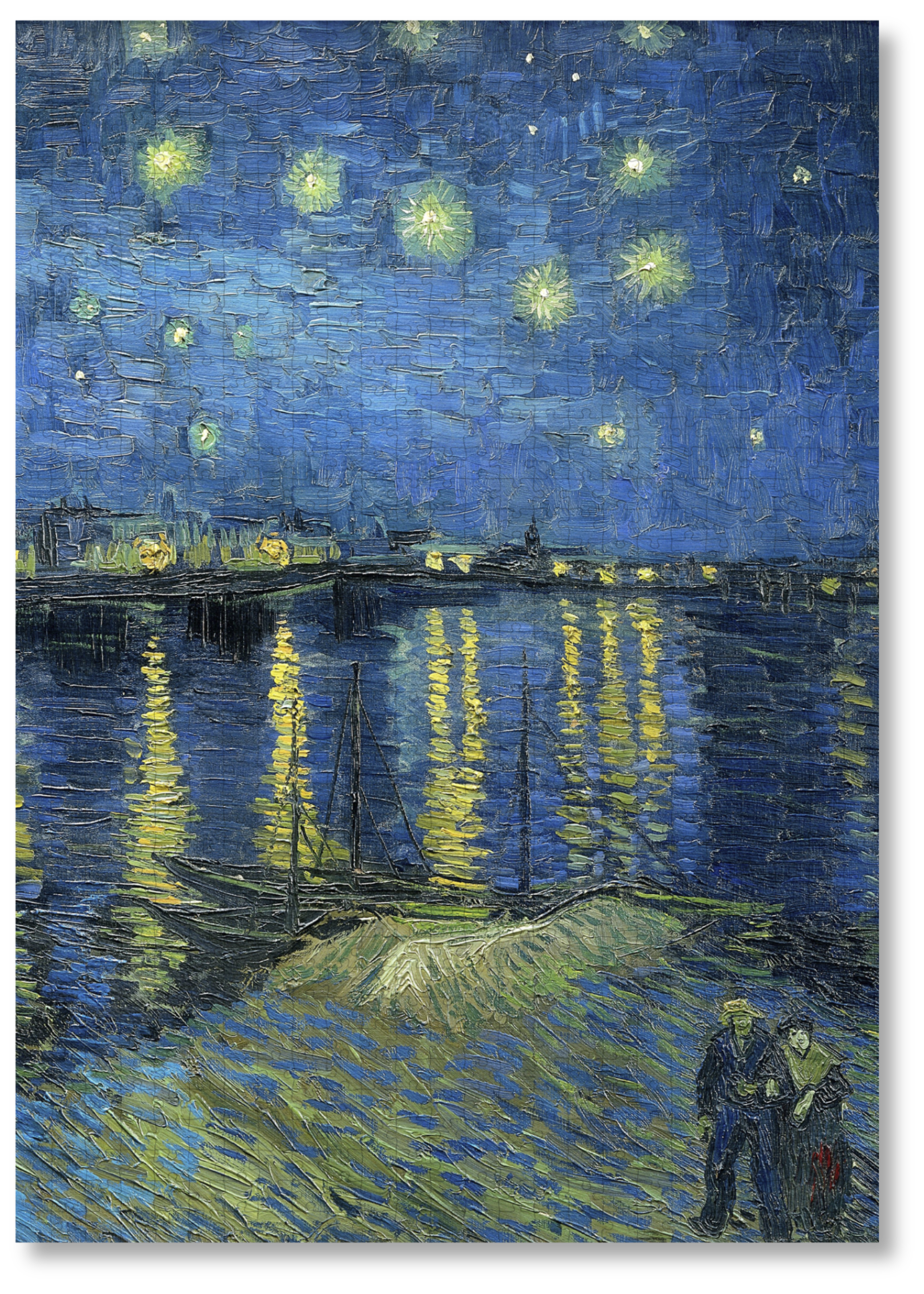 Starry Night Over the Rhône is a MasterPiece wooden jigsaw puzzle of Vincent Van Gogh's painting that depicts a serene nighttime scene of a deep blue sky filled with shimmering stars, their light reflecting off the Rhône River. Precision-cut from 3mm thick wood and expertly printed, our MasterPiece puzzles offer a tactile and satisfying puzzling experience like no other. They are perfect for classic art lovers, floral enthusiasts and anyone looking for a thoughtful gift.