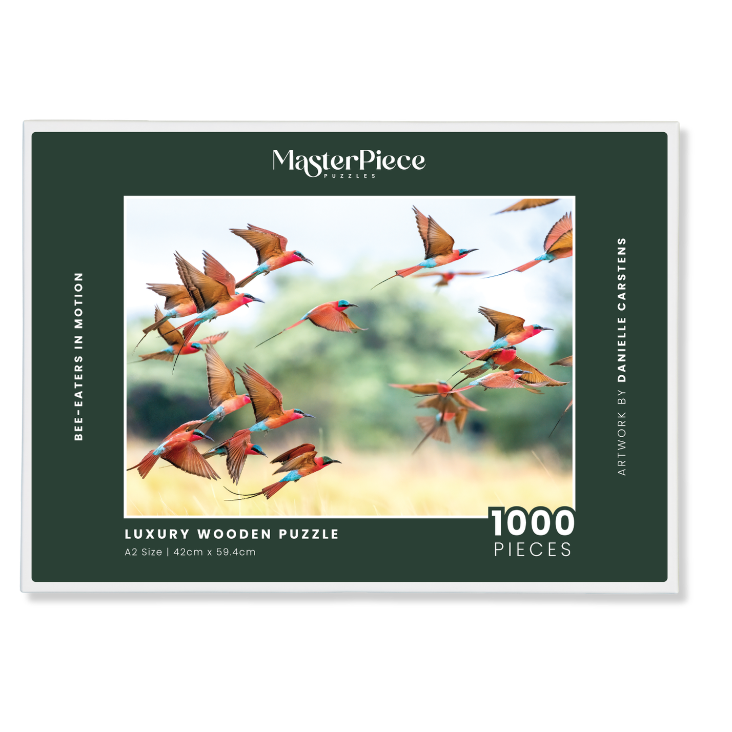 Bee-Eaters In Motion is a premium wooden jigsaw puzzle that features a beautiful photograph of Southern Carmine Bee-eaters swarming across the sky, taken by local wildlife photographer, Danielle Carstens. Perfect for wildlife lovers, nature enthusiasts and thoughtful gift buyers.