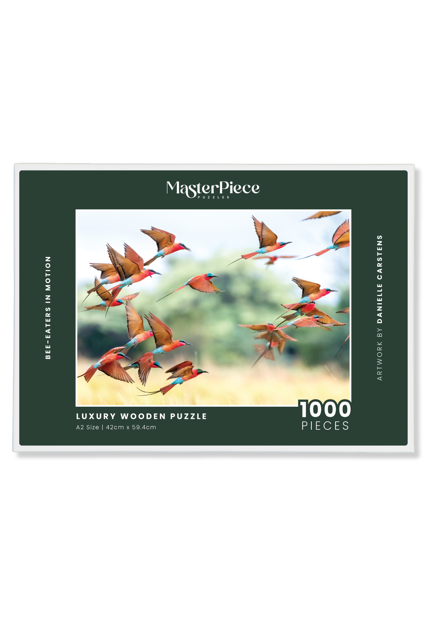 Bee-Eaters In Motion is a premium wooden jigsaw puzzle that features a beautiful photograph of Southern Carmine Bee-eaters swarming across the sky, taken by local wildlife photographer, Danielle Carstens. Perfect for wildlife lovers, nature enthusiasts and thoughtful gift buyers.