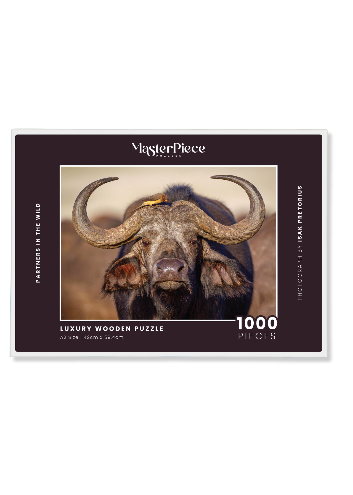 Partners in the Wild is a MasterPiece wooden jigsaw puzzle that features a beautiful portrait photograph of a buffalo and oxpecker. Precision-cut from 3mm thick wood and expertly printed, our MasterPiece puzzles offer a tactile and satisfying puzzling experience like no other. They are perfect for wildlife lovers, nature enthusiasts and anyone looking for a thoughtful gift. 