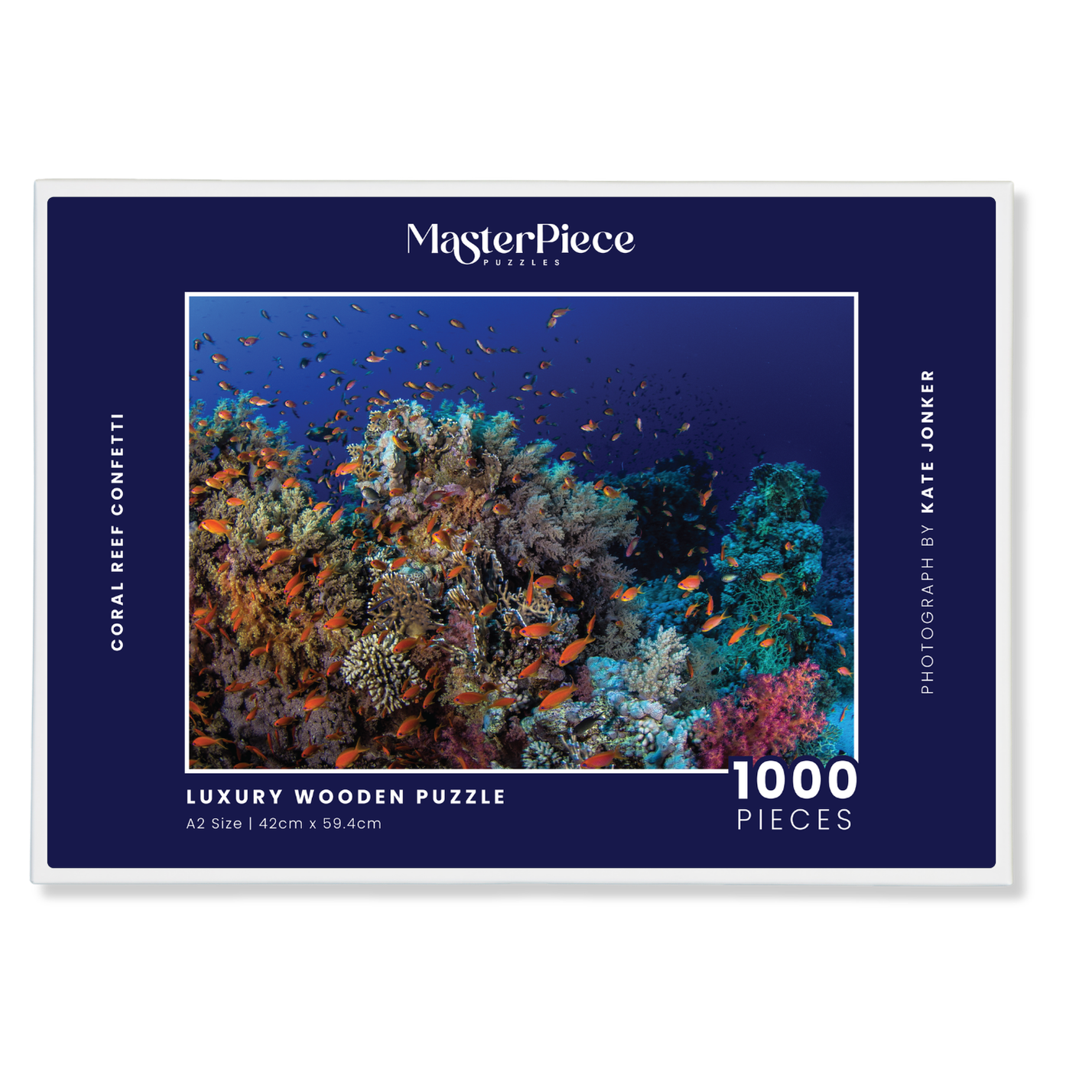 Coral Reef Confetti is a MasterPiece wooden jigsaw puzzle that features a beautiful underwater photograph of a coral reef swarmed by swimming fish.

Precision-cut from 3mm wood and expertly printed, our MasterPiece puzzles offer a tactile and satisfying puzzling experience like no other. They are perfect for ocean lovers, nature enthusiasts and anyone looking for a thoughtful gift. 