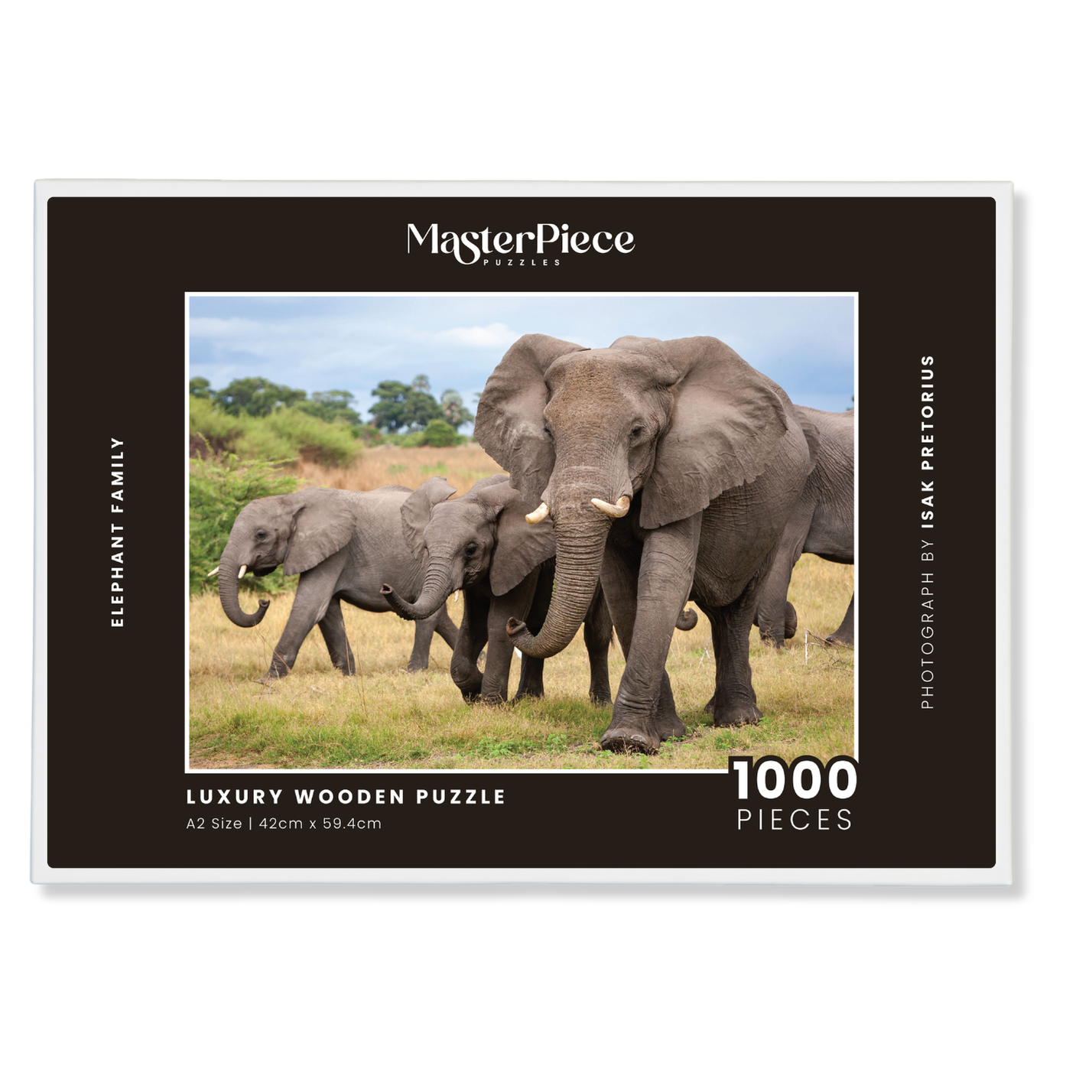 Elephant Family is a wooden jigsaw puzzle featuring a photograph of a herd of elephants.  Perfect for wildlife lovers, nature enthusiasts and gift givers.