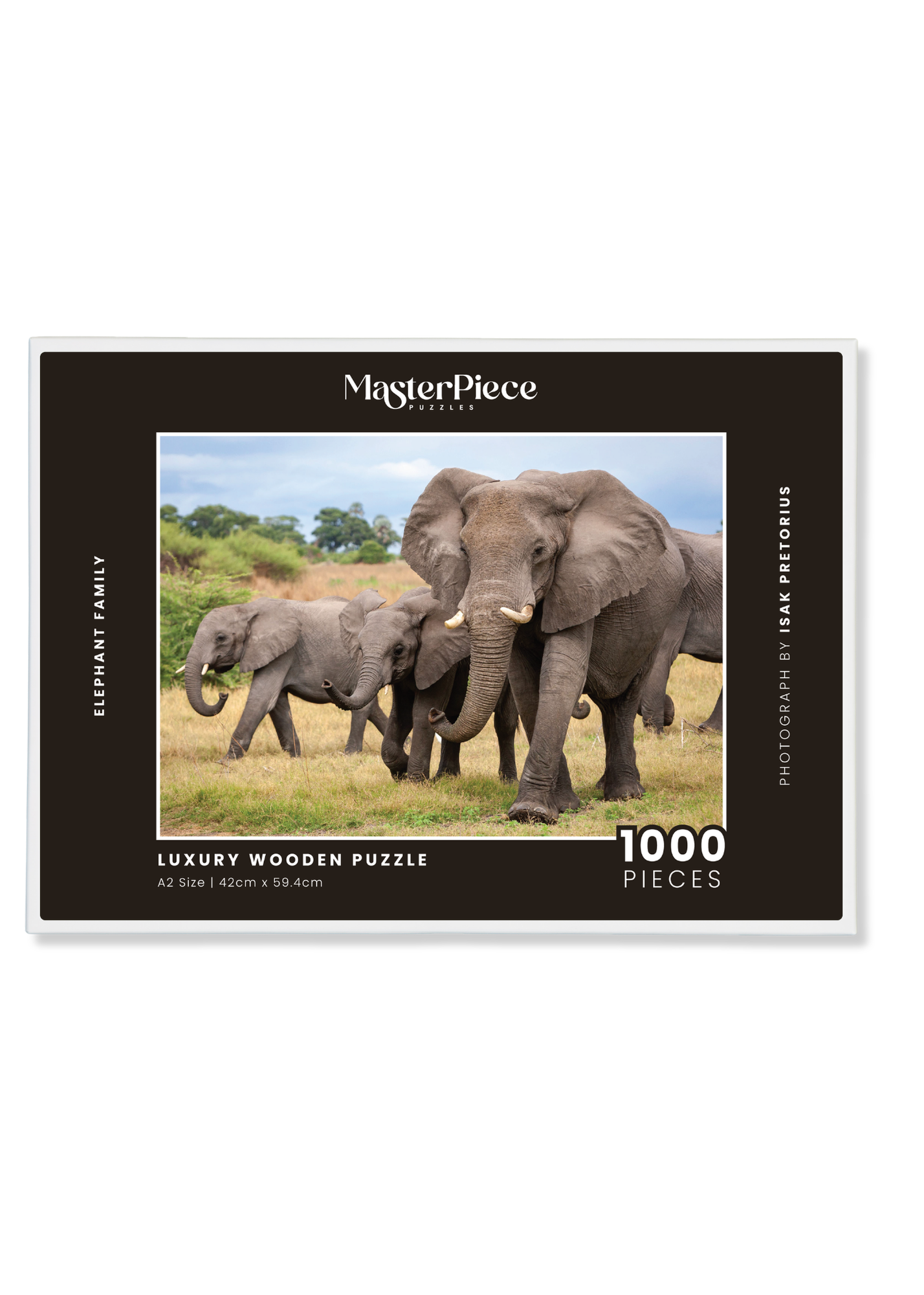Elephant Family is a wooden jigsaw puzzle featuring a photograph of a herd of elephants.  Perfect for wildlife lovers, nature enthusiasts and gift givers.