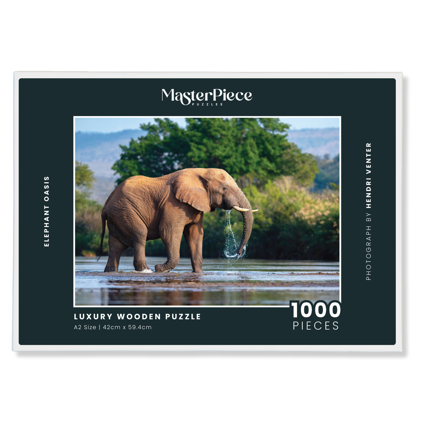 A wooden jigsaw puzzle featuring a photograph of an elephant bull. Perfect for wildlife lovers, nature enthusiasts and anyone looking for a thoughtful gift.