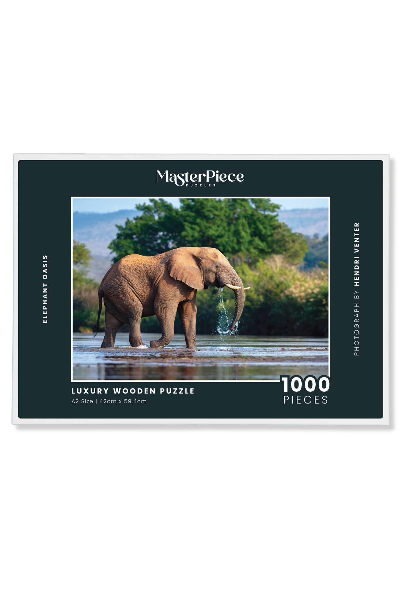 A wooden jigsaw puzzle featuring a photograph of an elephant bull. Perfect for wildlife lovers, nature enthusiasts and anyone looking for a thoughtful gift.
