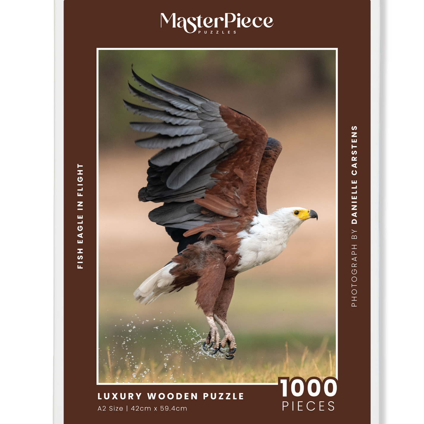 A wooden jigsaw puzzle featuring photograph of a fish eagle. Perfect for wildlife lovers, birders, nature enthusiasts and anyone looking for a thoughtful gift. 