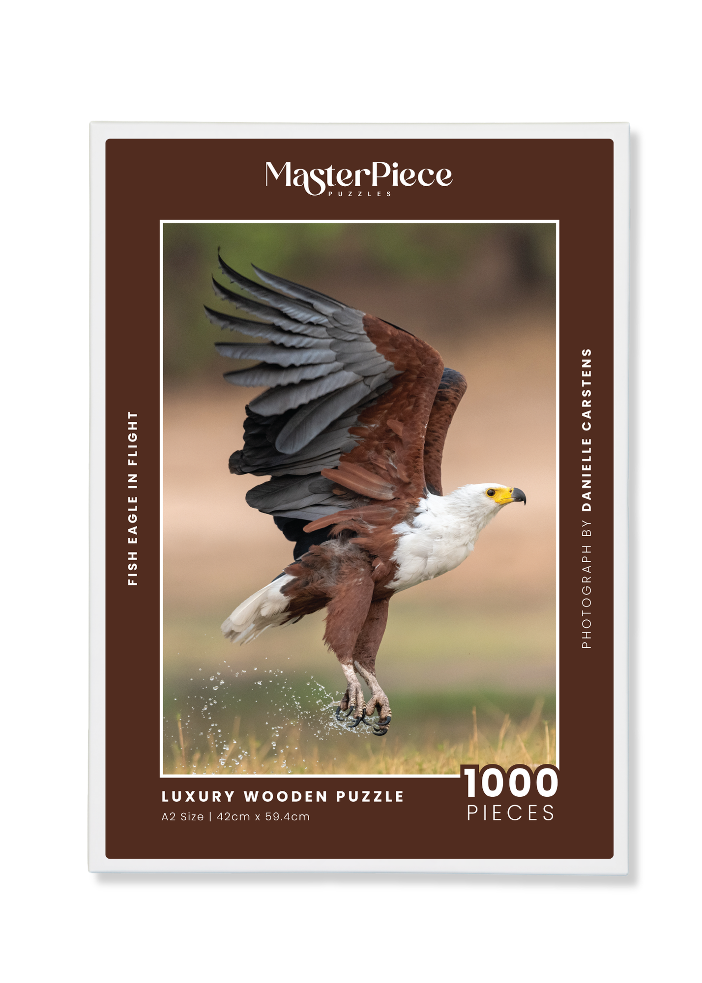 A wooden jigsaw puzzle featuring photograph of a fish eagle. Perfect for wildlife lovers, birders, nature enthusiasts and anyone looking for a thoughtful gift. 