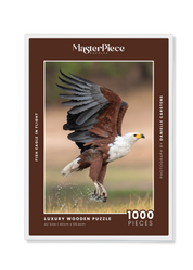 A wooden jigsaw puzzle featuring photograph of a fish eagle. Perfect for wildlife lovers, birders, nature enthusiasts and anyone looking for a thoughtful gift. 