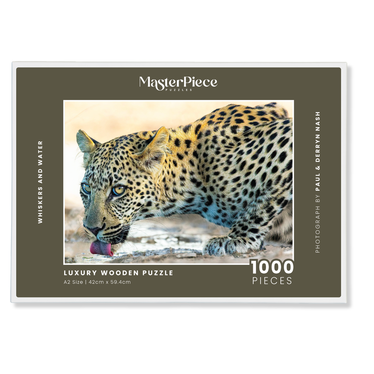 Whiskers And Water is a MasterPiece wooden jigsaw puzzle that features a beautiful photograph of a leopard drinking at the water's edge.

Precision-cut from 3mm wood and expertly printed, our MasterPiece puzzles offer a tactile and satisfying puzzling experience like no other. They are perfect for wildlife lovers, nature enthusiasts and anyone looking for a thoughtful gift.