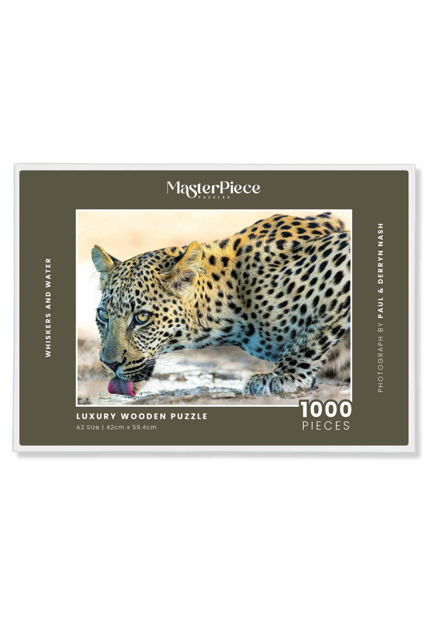 Whiskers And Water is a MasterPiece wooden jigsaw puzzle that features a beautiful photograph of a leopard drinking at the water's edge.

Precision-cut from 3mm wood and expertly printed, our MasterPiece puzzles offer a tactile and satisfying puzzling experience like no other. They are perfect for wildlife lovers, nature enthusiasts and anyone looking for a thoughtful gift.