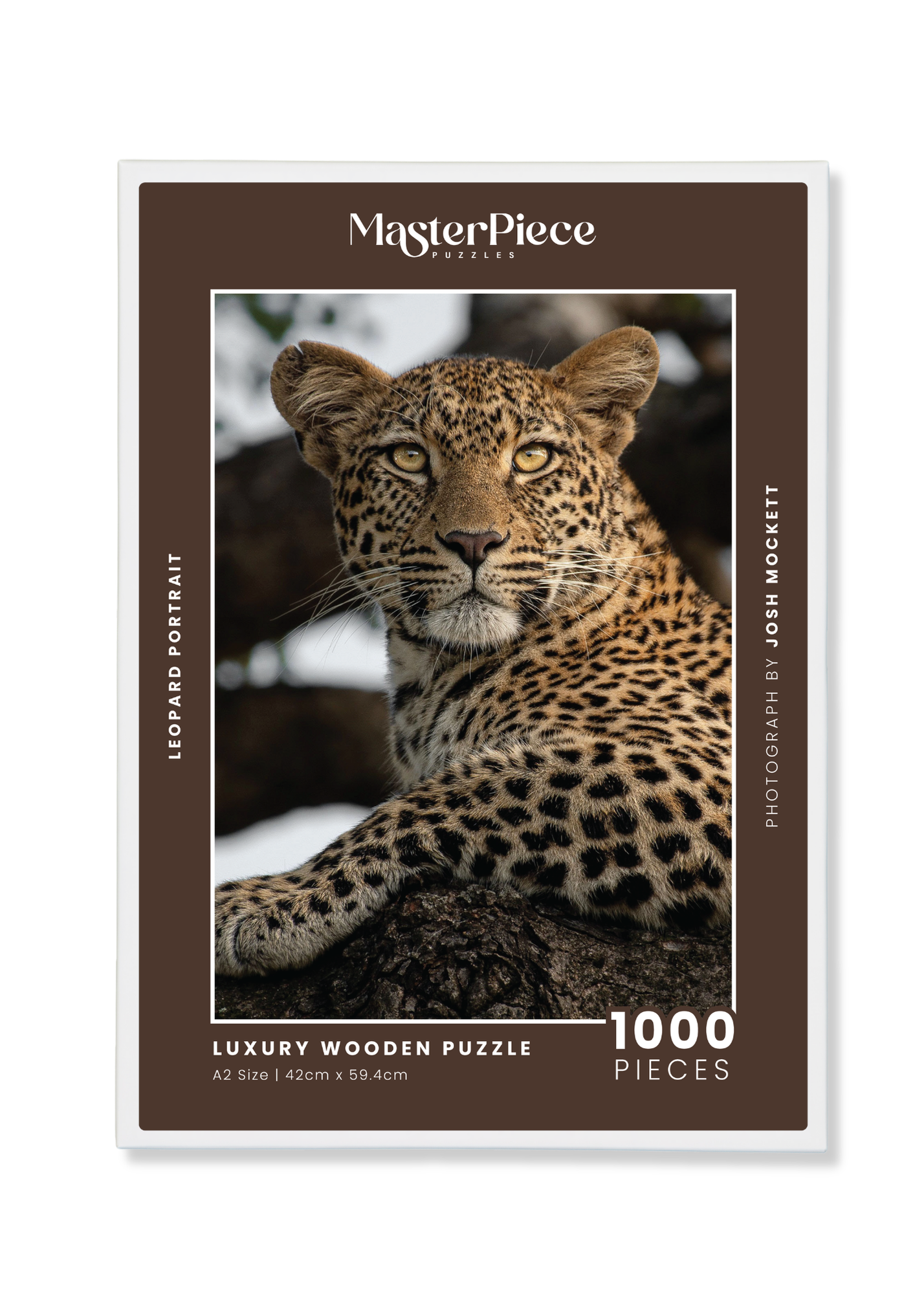 Leopard Portrait is a MasterPiece wooden jigsaw puzzle that features a beautiful portrait photograph of a leopard.

Precision-cut from 3mm thick wood and expertly printed, our MasterPiece puzzles offer a tactile and satisfying puzzling experience like no other. They are perfect for wildlife lovers, nature enthusiasts and anyone looking for a thoughtful gift.