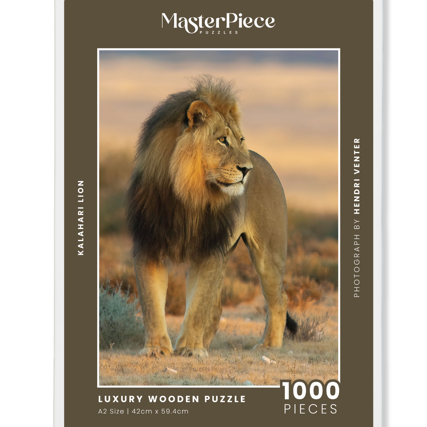 Kalahari Lion is a MasterPiece wooden jigsaw puzzle featuring a beautiful photograph of a male lion in the Kalahari. 

Precision-cut from 3mm thick wood and expertly printed, our MasterPiece puzzles offer a tactile and satisfying puzzling experience like no other. They are perfect for wildlife lovers, nature enthusiasts and anyone looking for a thoughtful gift.