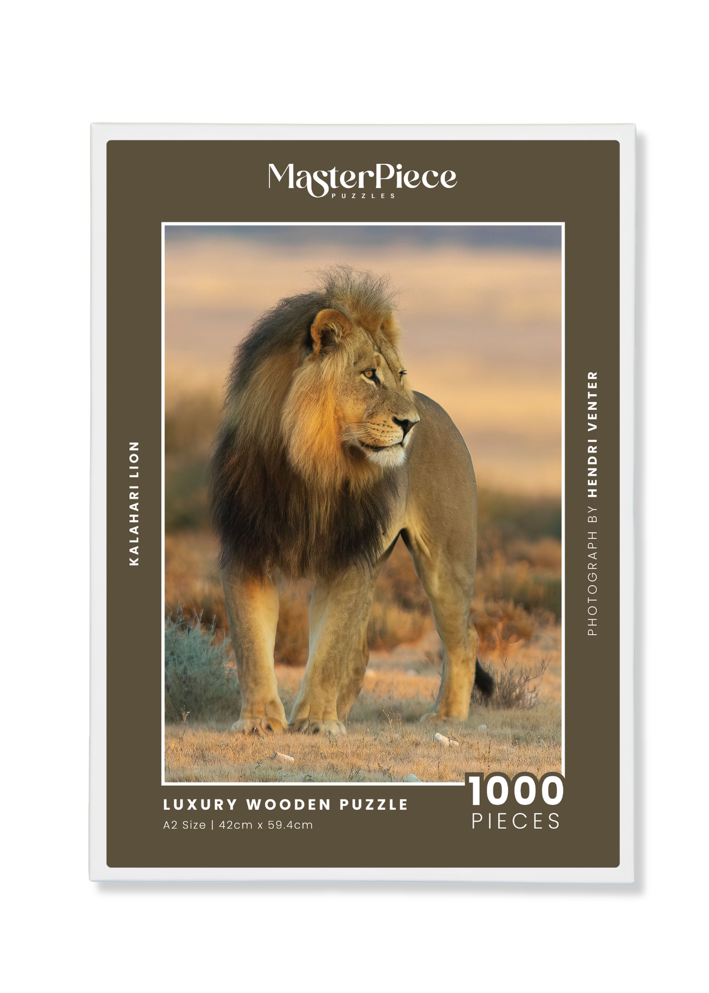 Kalahari Lion is a MasterPiece wooden jigsaw puzzle featuring a beautiful photograph of a male lion in the Kalahari. 

Precision-cut from 3mm thick wood and expertly printed, our MasterPiece puzzles offer a tactile and satisfying puzzling experience like no other. They are perfect for wildlife lovers, nature enthusiasts and anyone looking for a thoughtful gift.