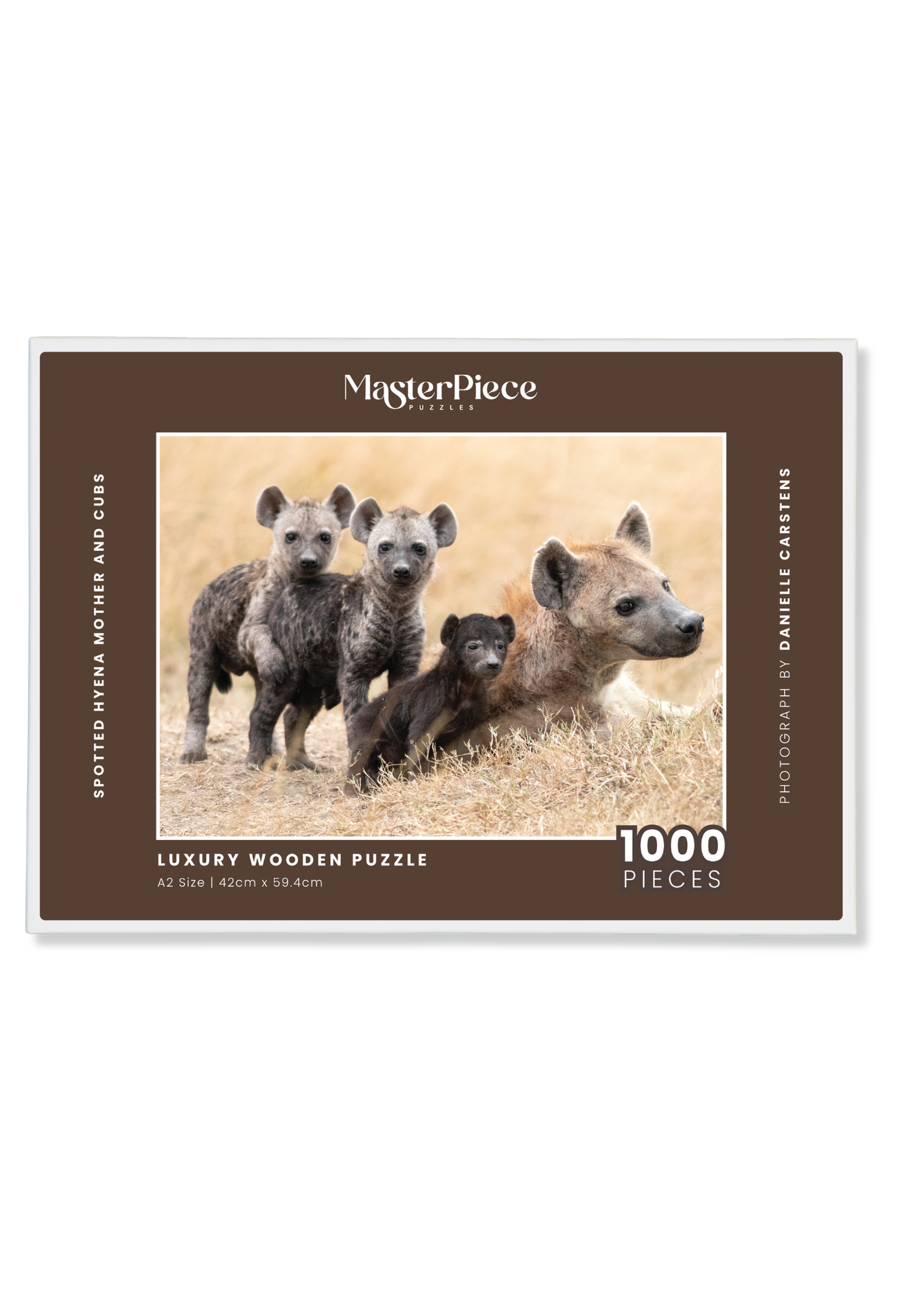 Spotted Hyena Mother And Cubs is a MasterPiece wooden jigsaw puzzle that features a beautiful photograph of a hyena and her three cubs.

Precision-cut from 3mm wood and expertly printed, our MasterPiece puzzles offer a tactile and satisfying puzzling experience like no other. They are perfect for wildlife lovers, nature enthusiasts and anyone looking for a thoughtful gift.