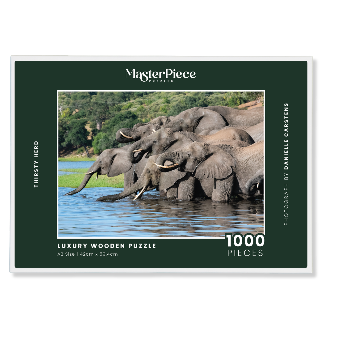Thirsty Herd is a MasterPiece wooden jigsaw puzzle that features a beautiful photograph of a herd of elephants drinking together at a watering hole.

Precision-cut from 3mm wood and expertly printed, our MasterPiece puzzles offer a tactile and satisfying puzzling experience like no other. They are perfect for wildlife lovers, nature enthusiasts and anyone looking for a thoughtful gift.