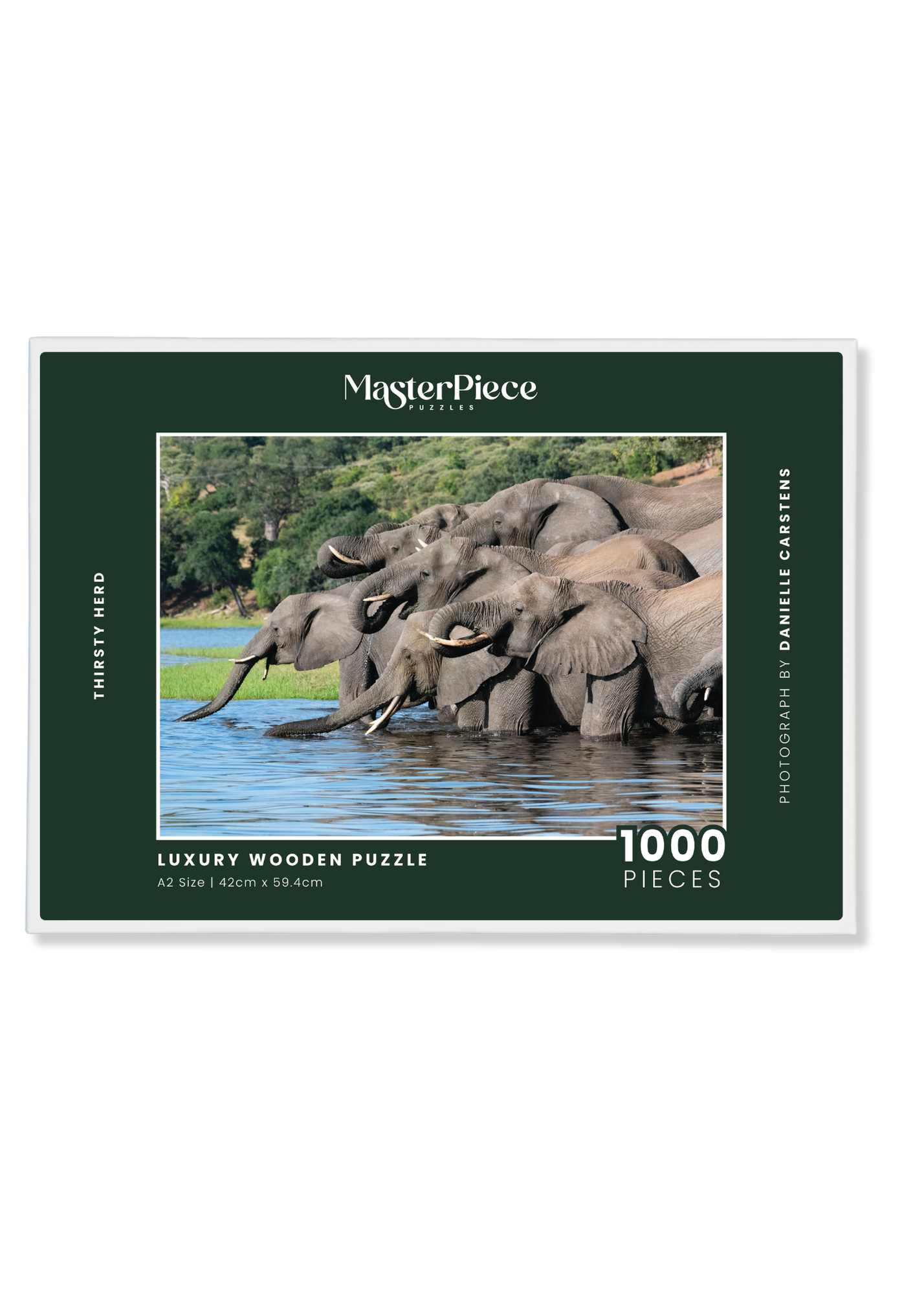 Thirsty Herd is a MasterPiece wooden jigsaw puzzle that features a beautiful photograph of a herd of elephants drinking together at a watering hole.

Precision-cut from 3mm wood and expertly printed, our MasterPiece puzzles offer a tactile and satisfying puzzling experience like no other. They are perfect for wildlife lovers, nature enthusiasts and anyone looking for a thoughtful gift.
