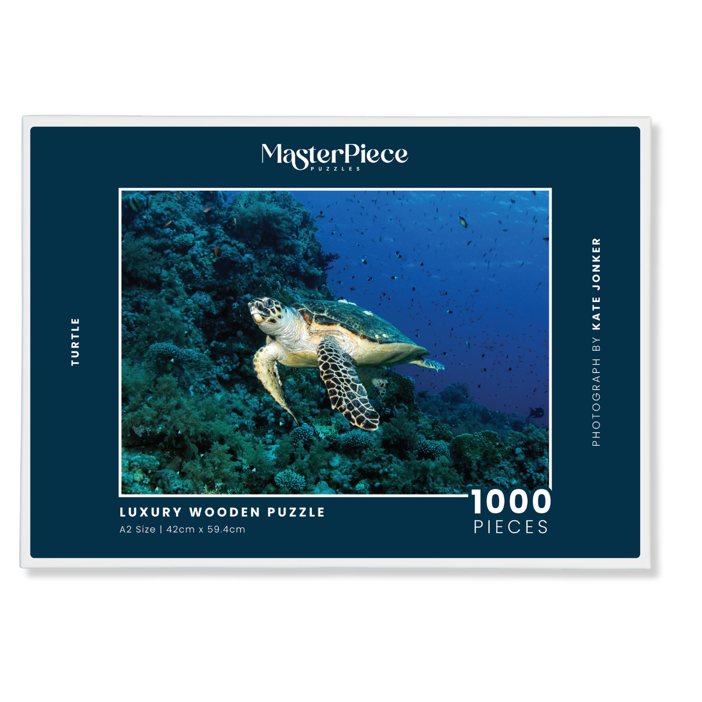 Turtle is a MasterPiece wooden jigsaw puzzle that features a beautiful underwater photograph of a turtle swimming in front of a coral reef.

Precision-cut from 3mm wood and expertly printed, our MasterPiece puzzles offer a tactile and satisfying puzzling experience like no other. They are perfect for ocean lovers, nature enthusiasts and anyone looking for a thoughtful gift.