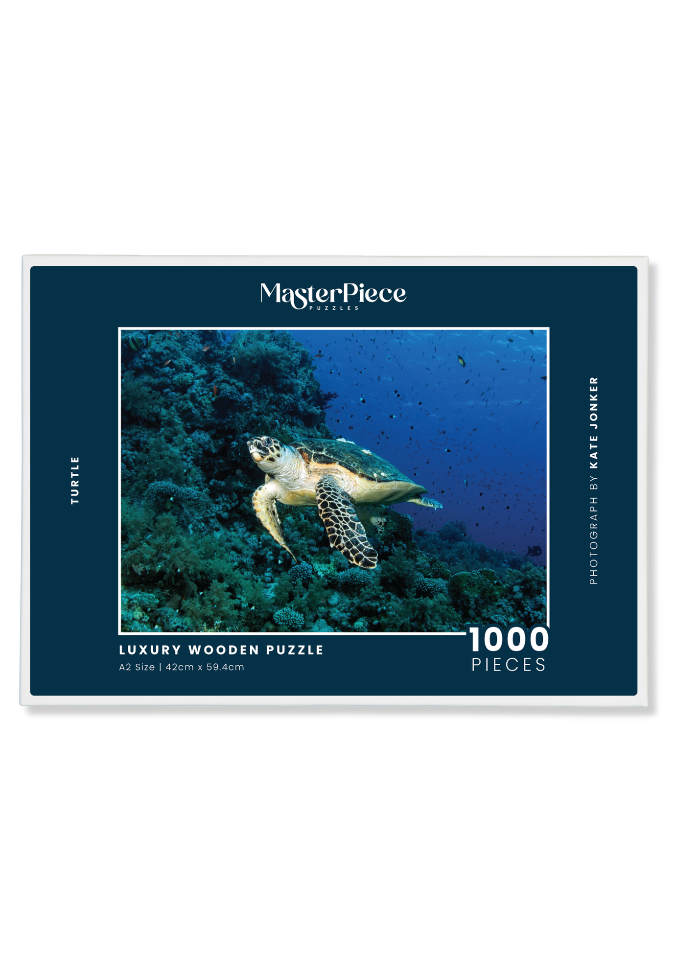 Turtle is a MasterPiece wooden jigsaw puzzle that features a beautiful underwater photograph of a turtle swimming in front of a coral reef.

Precision-cut from 3mm wood and expertly printed, our MasterPiece puzzles offer a tactile and satisfying puzzling experience like no other. They are perfect for ocean lovers, nature enthusiasts and anyone looking for a thoughtful gift.