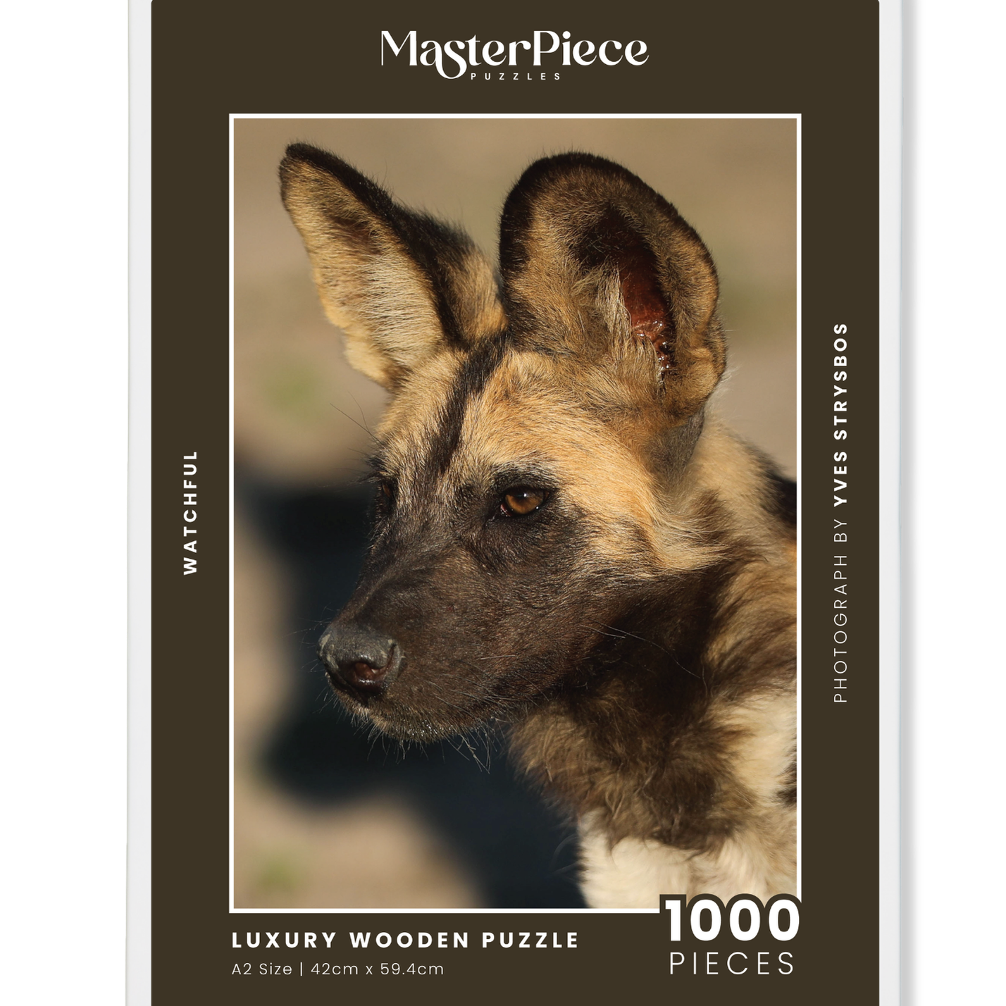Watchful is a MasterPiece wooden jigsaw puzzle featuring a striking portrait photograph of a wild dog.

Precision-cut from 3mm thick wood and expertly printed, our MasterPiece puzzles offer a tactile and satisfying puzzling experience like no other. They are perfect for wildlife lovers, nature enthusiasts and anyone looking for a thoughtful gift.