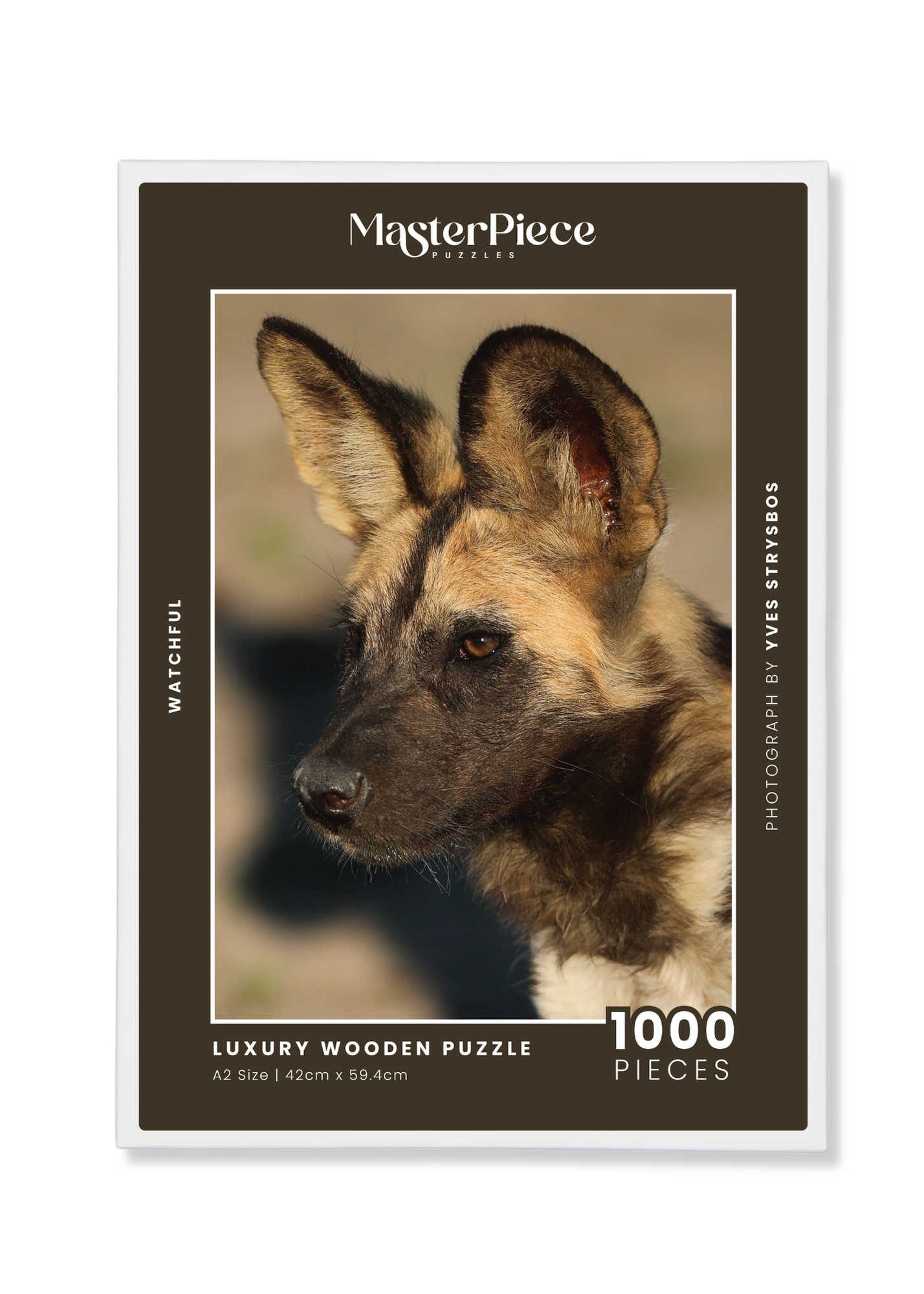 Watchful is a MasterPiece wooden jigsaw puzzle featuring a striking portrait photograph of a wild dog.

Precision-cut from 3mm thick wood and expertly printed, our MasterPiece puzzles offer a tactile and satisfying puzzling experience like no other. They are perfect for wildlife lovers, nature enthusiasts and anyone looking for a thoughtful gift.