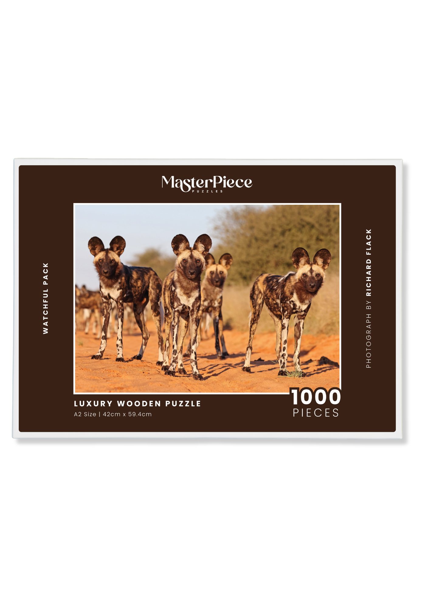 Watchful Pack is a MasterPiece wooden jigsaw puzzle featuring a striking photograph of a pack of wild dogs looking right at you.

Precision-cut from 3mm thick wood and expertly printed, our MasterPiece puzzles offer a tactile and satisfying puzzling experience like no other. They are perfect for wildlife lovers, nature enthusiasts and anyone looking for a thoughtful gift.