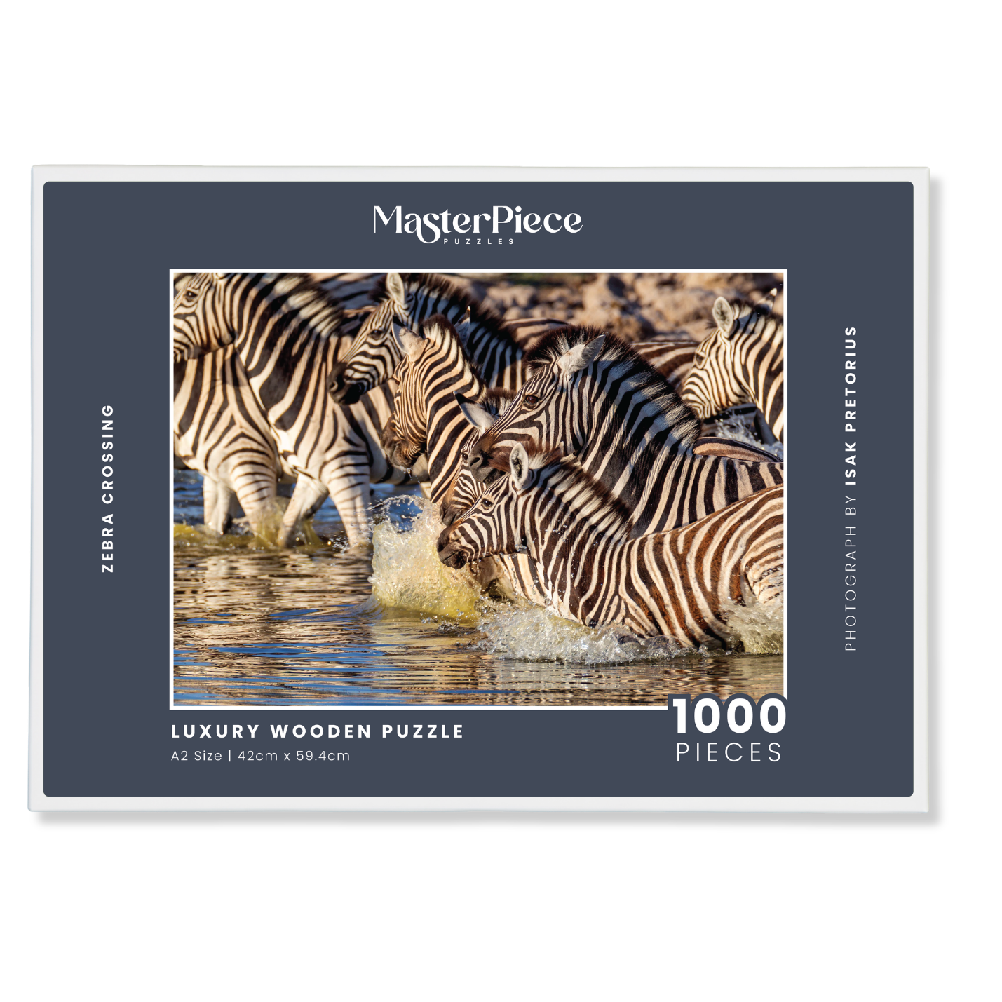 Zebra Crossing is a MasterPiece wooden jigsaw puzzle that features a beautiful photograph of a herd of zebras running through water.

Precision-cut from 3mm wood and expertly printed, our MasterPiece puzzles offer a tactile and satisfying puzzling experience like no other. They are perfect for wildlife lovers, nature enthusiasts and anyone looking for a thoughtful gift.