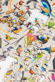 A premium wooden jigsaw puzzle that features 68 bird species, hand drawn by Matthew Bell. Perfect for wildlife lovers, bird enthusiasts and gift buyers.