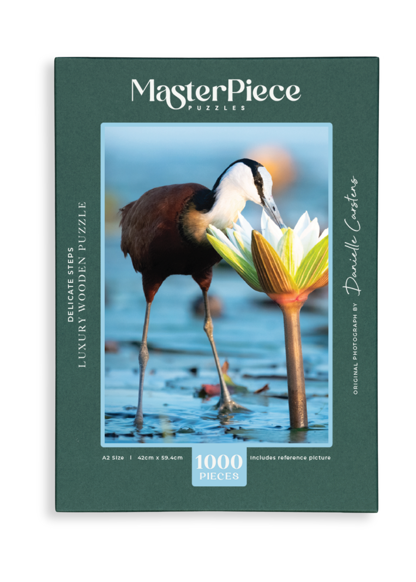 A wooden jigsaw puzzle featuring a photograph of an African Jacana. Perfect for wildlife lovers, birders, nature enthusiasts and gift buyers.